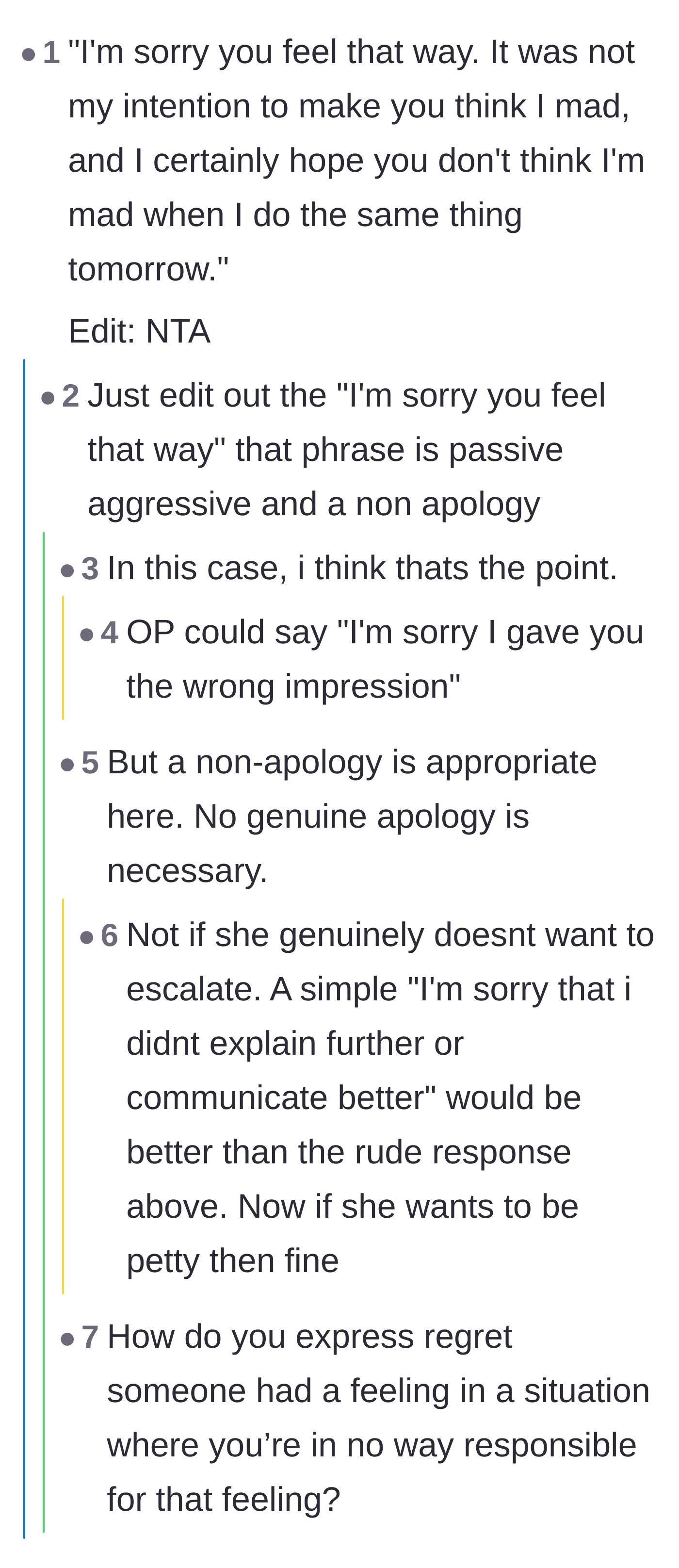Comment thread 4 - A hilarious deep dive into the absolute perfection and pettiness of using a passive-aggressive non-apology.