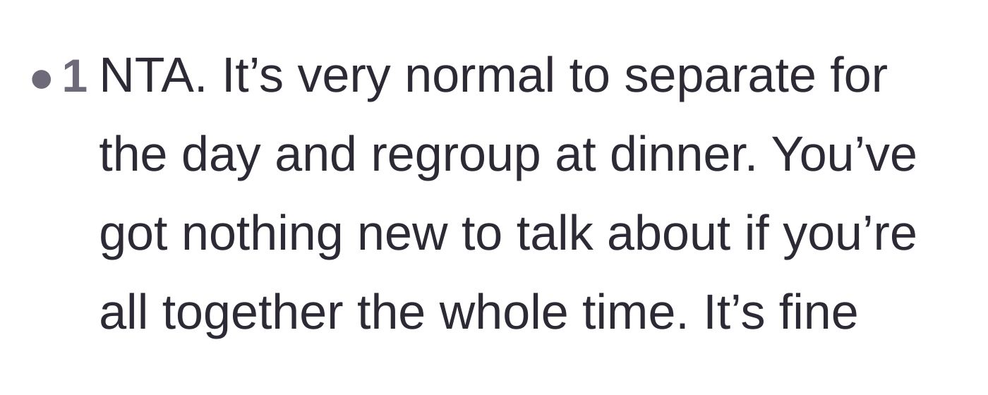 Comment thread 5 - A reminder that spending time apart gives the group actual things to talk about at dinner.