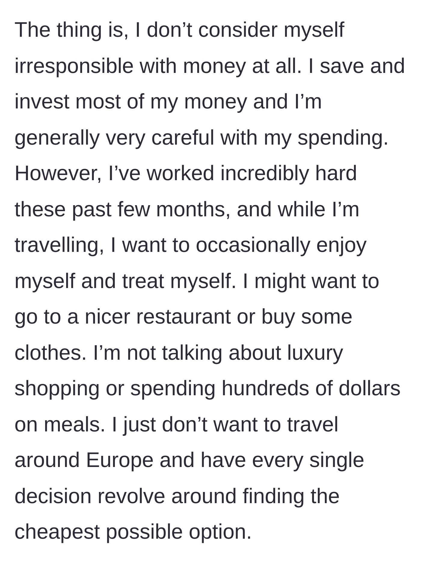 Screenshot of the paragraph explaining the main character's healthy financial habits and desire to treat herself.