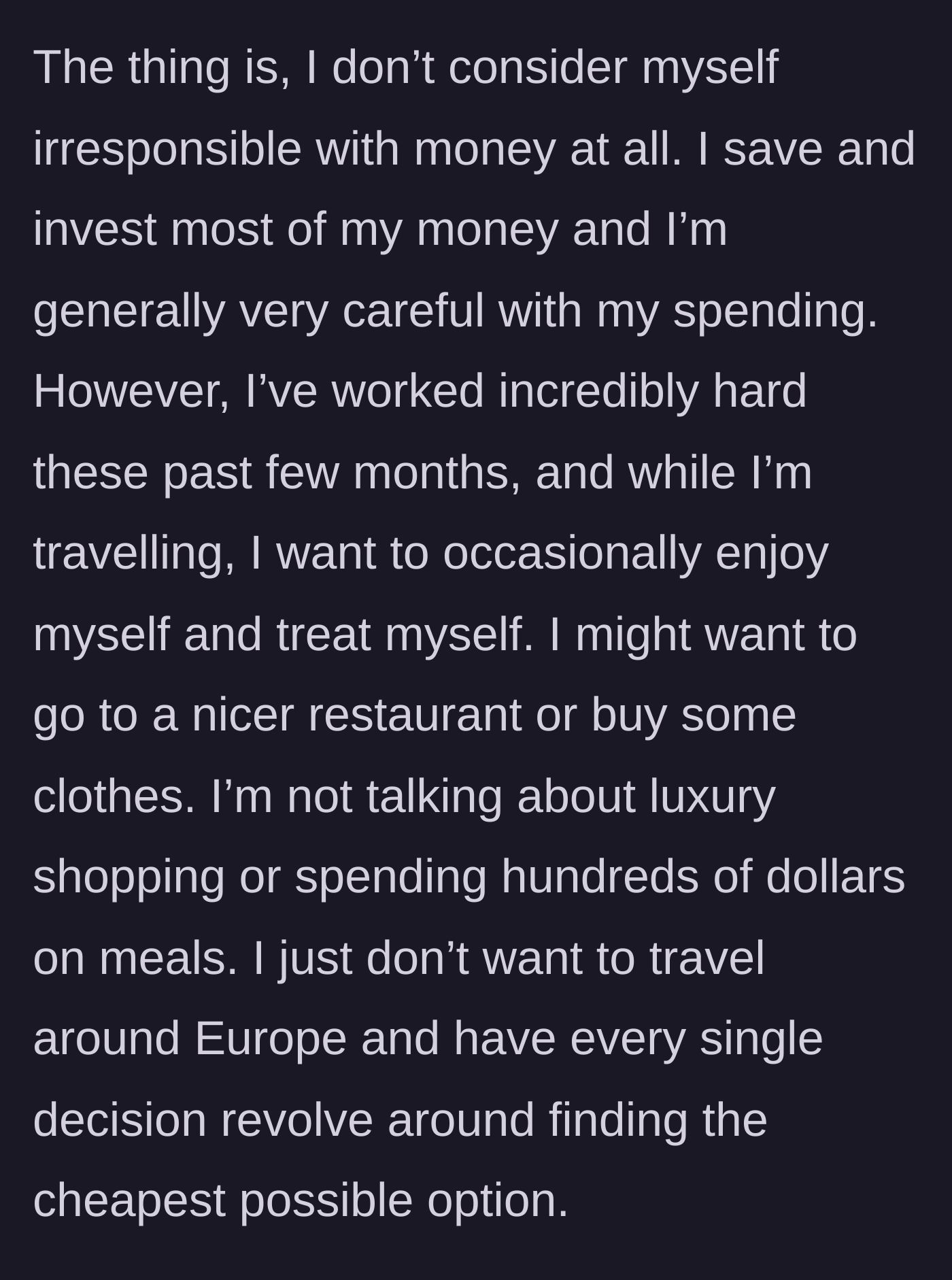 Screenshot of the paragraph explaining the main character's healthy financial habits and desire to treat herself.