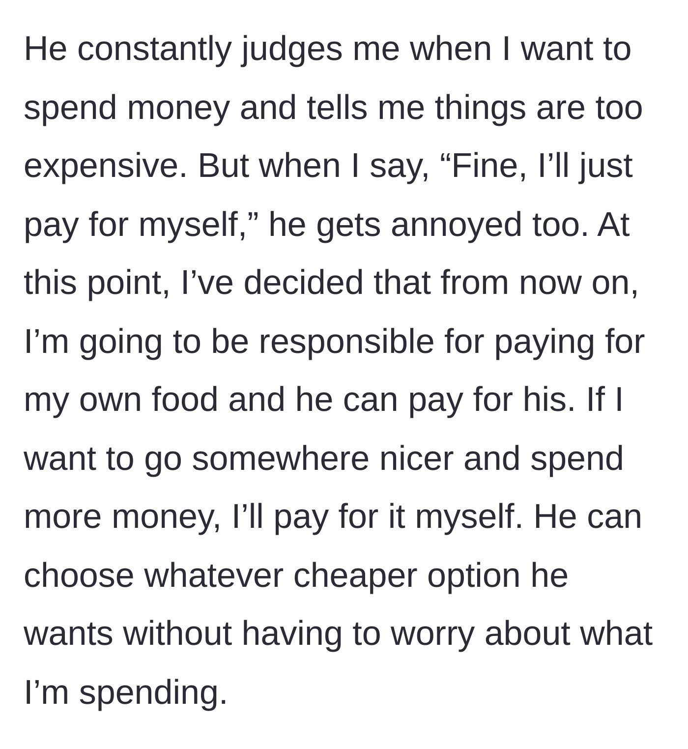 Screenshot of the section where she decides to pay for her own food to escape his judgment.