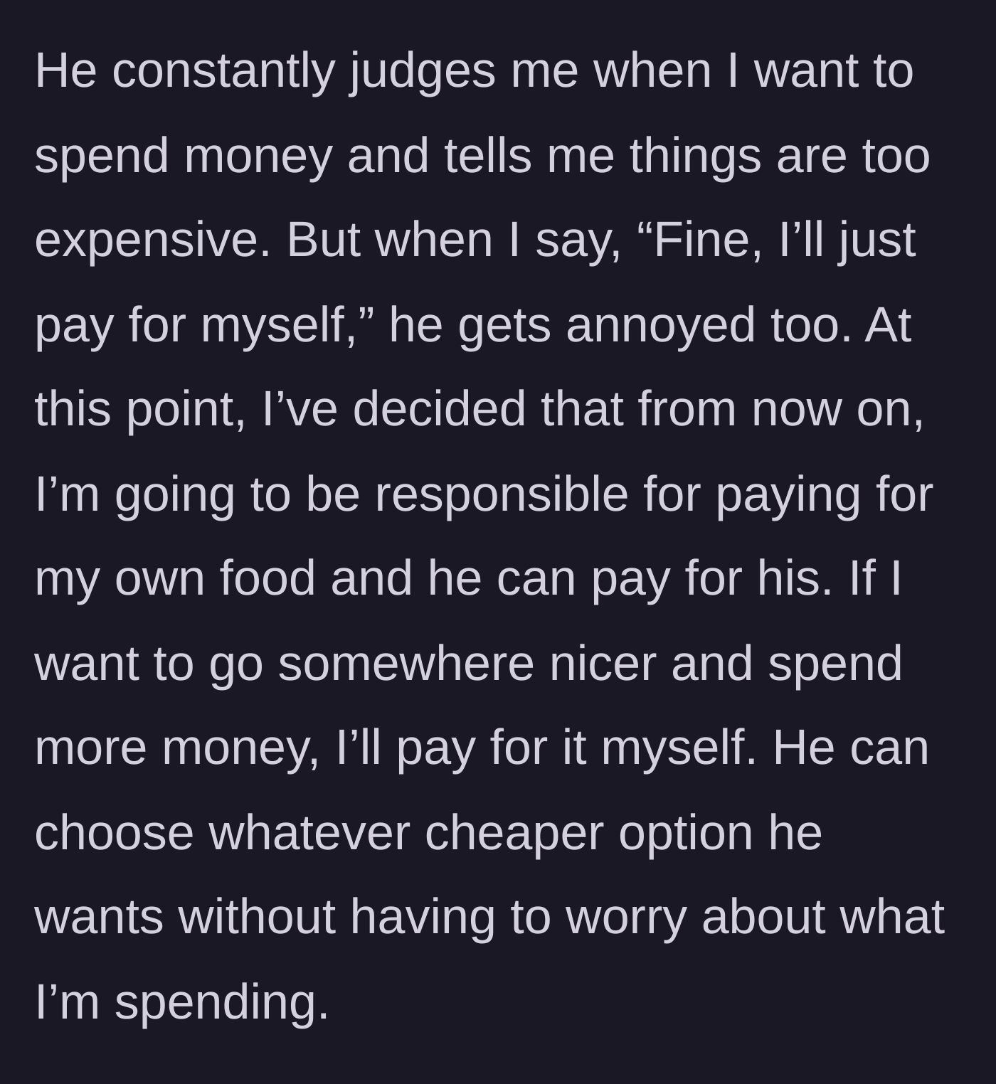 Screenshot of the section where she decides to pay for her own food to escape his judgment.