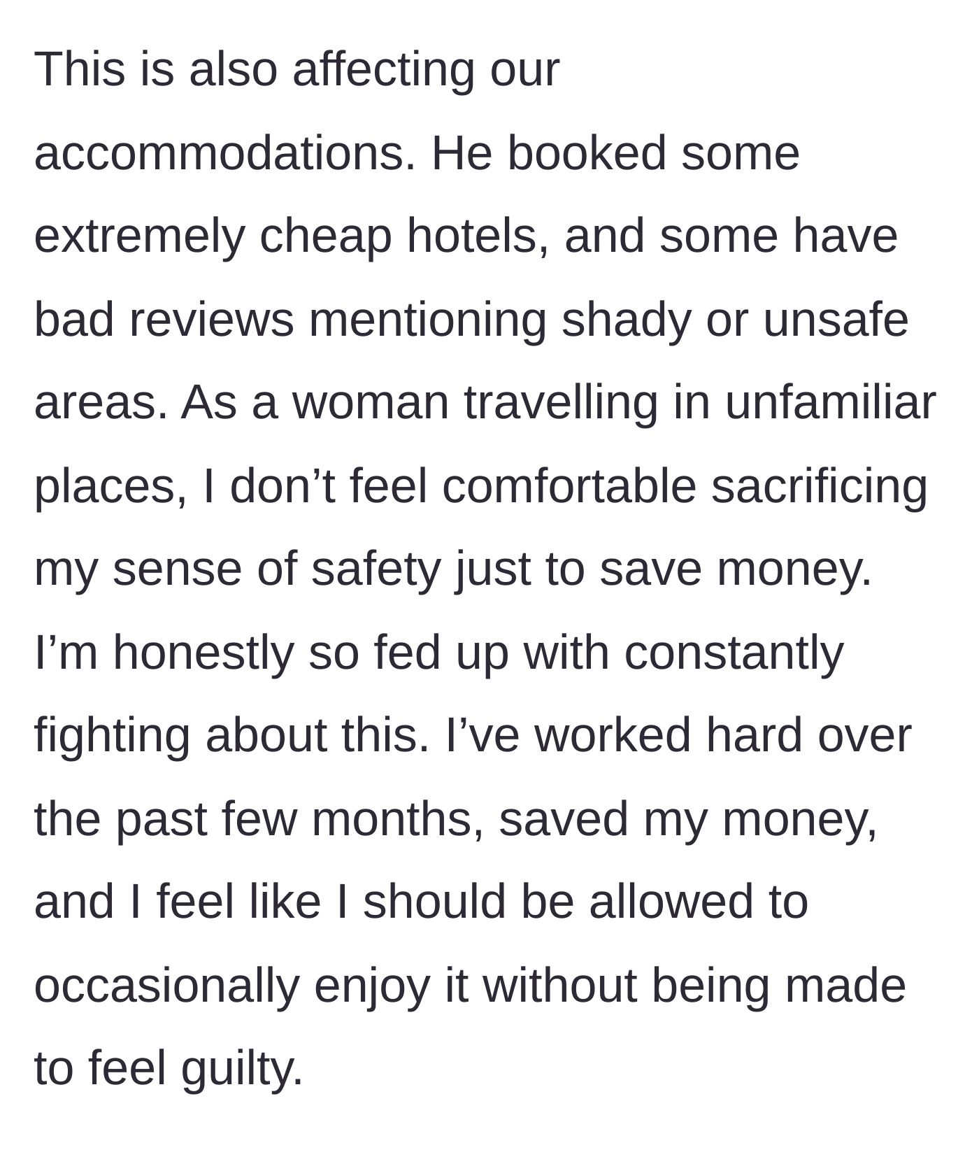 Screenshot describing the unsafe, ultra-cheap accommodations and security concerns.