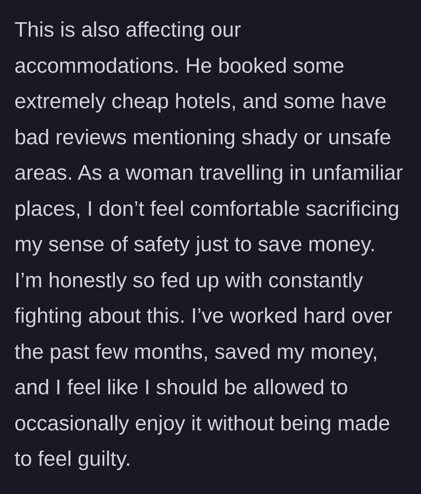Screenshot describing the unsafe, ultra-cheap accommodations and security concerns.