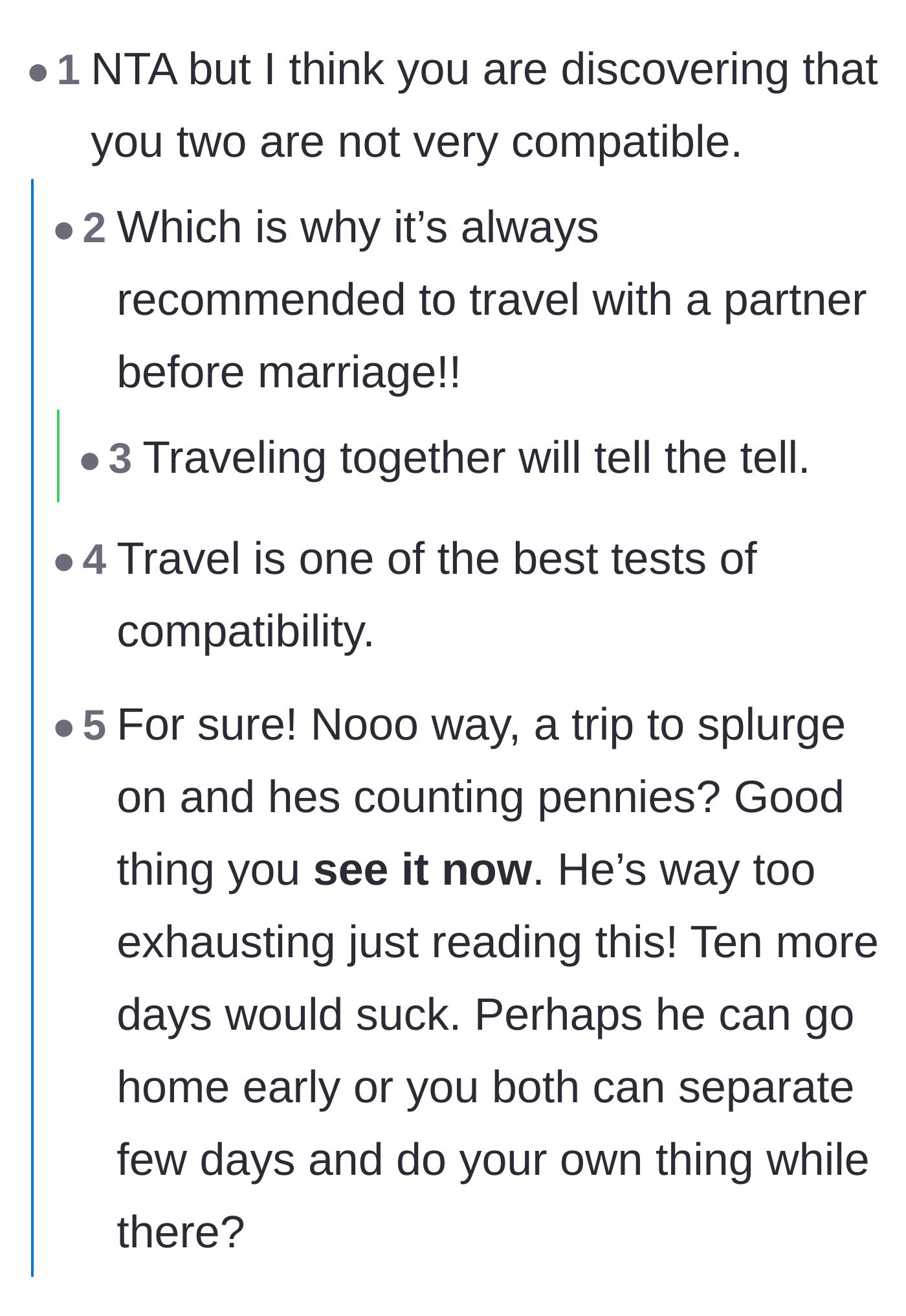 Comment thread discussing how traveling together is the ultimate test of relationship compatibility.