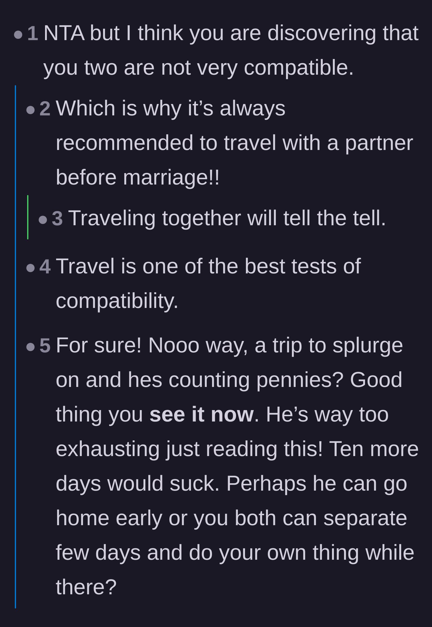 Comment thread discussing how traveling together is the ultimate test of relationship compatibility.
