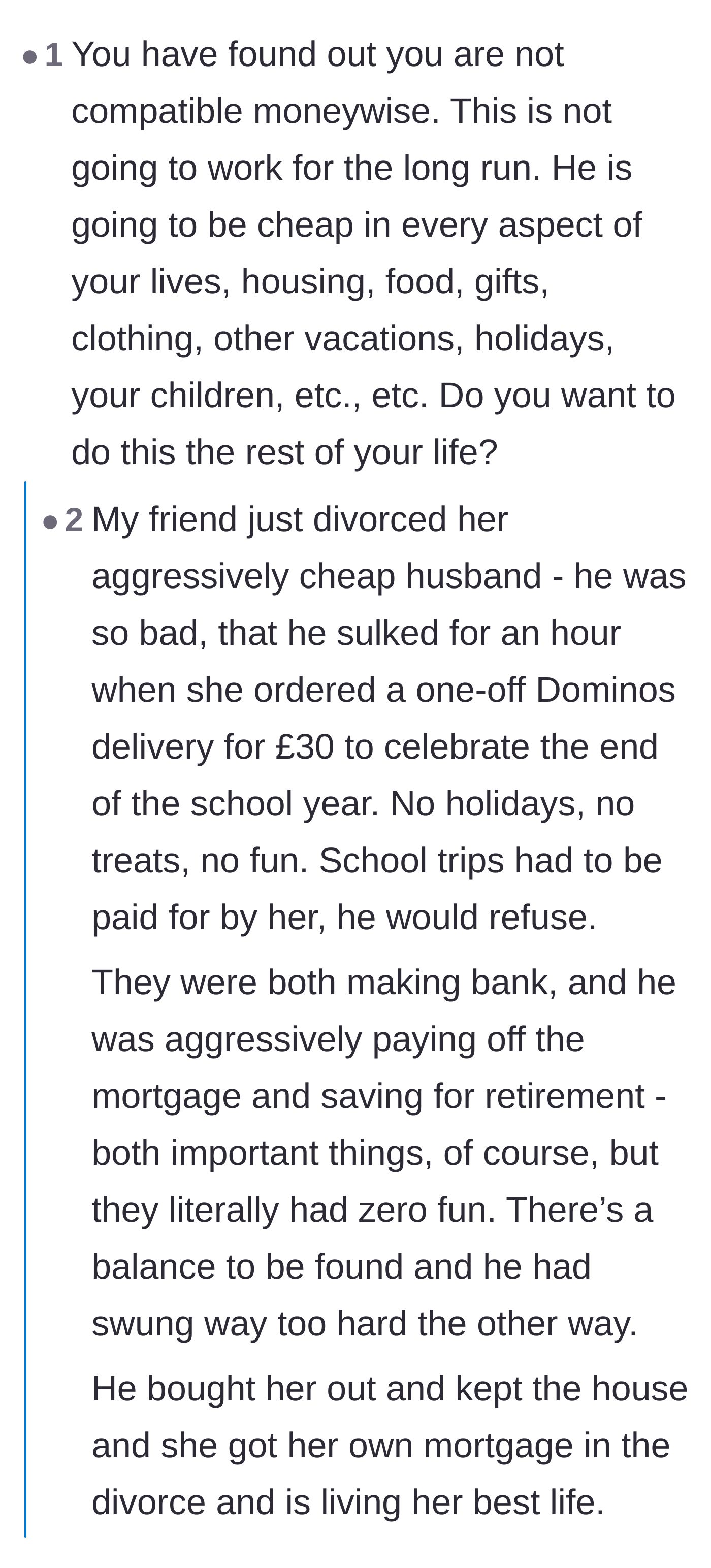 Comment thread sharing stories about extremely cheap partners and debating the FIRE lifestyle.