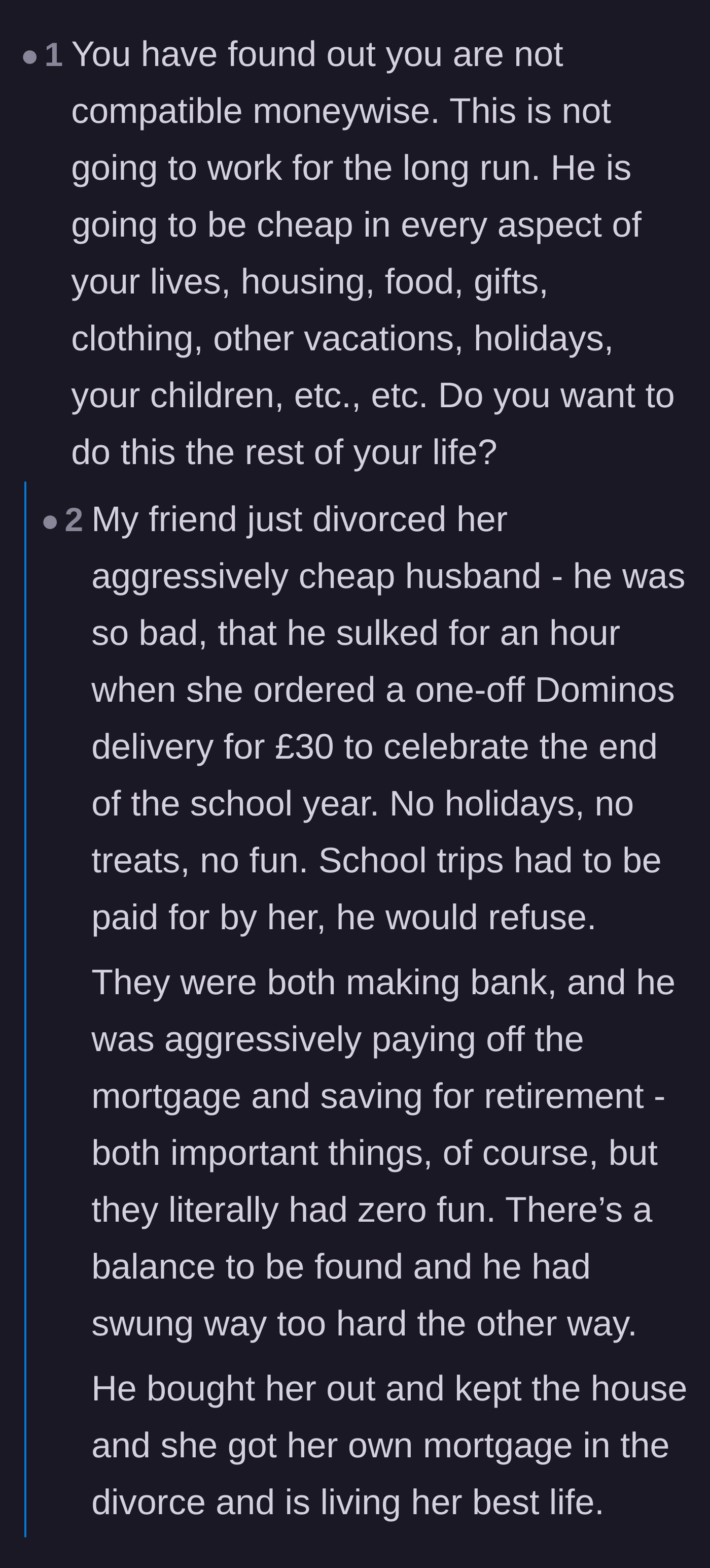 Comment thread sharing stories about extremely cheap partners and debating the FIRE lifestyle.