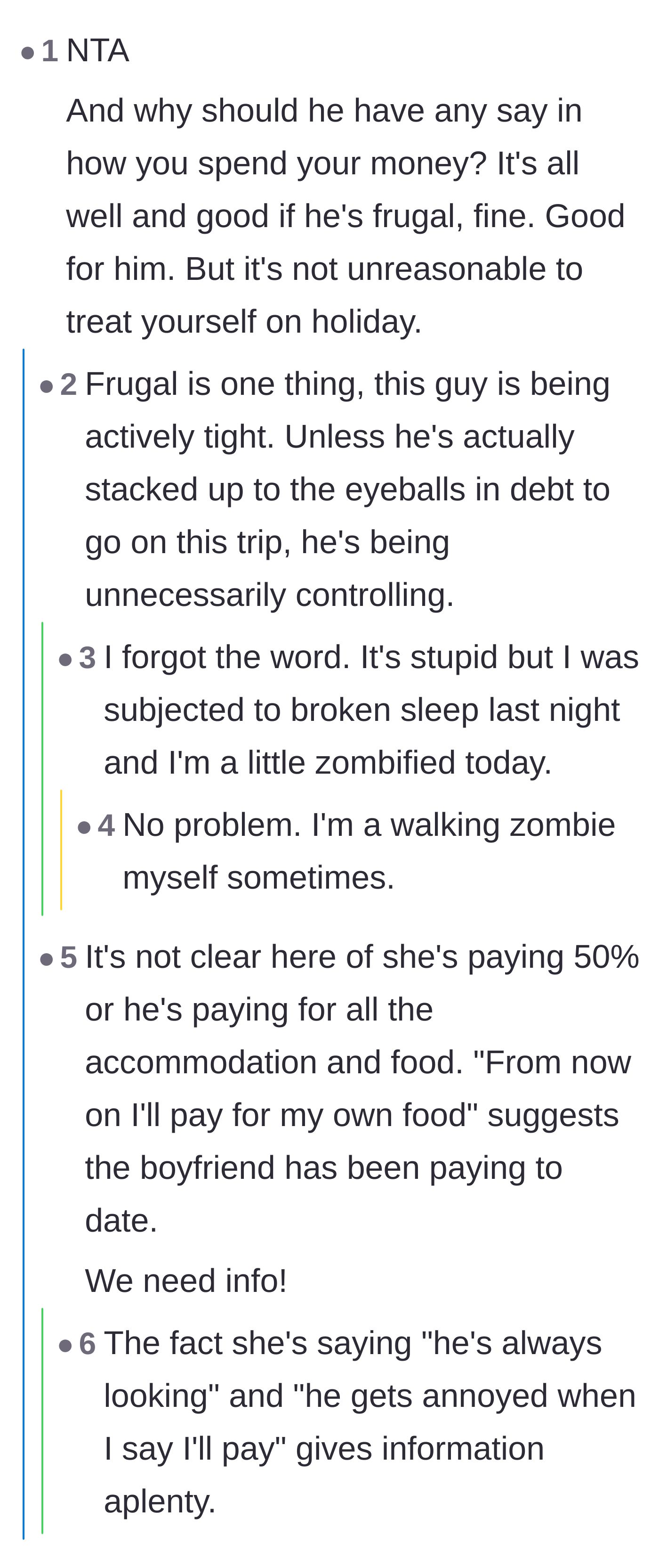 Comment thread differentiating between being reasonably frugal and unnecessarily controlling.