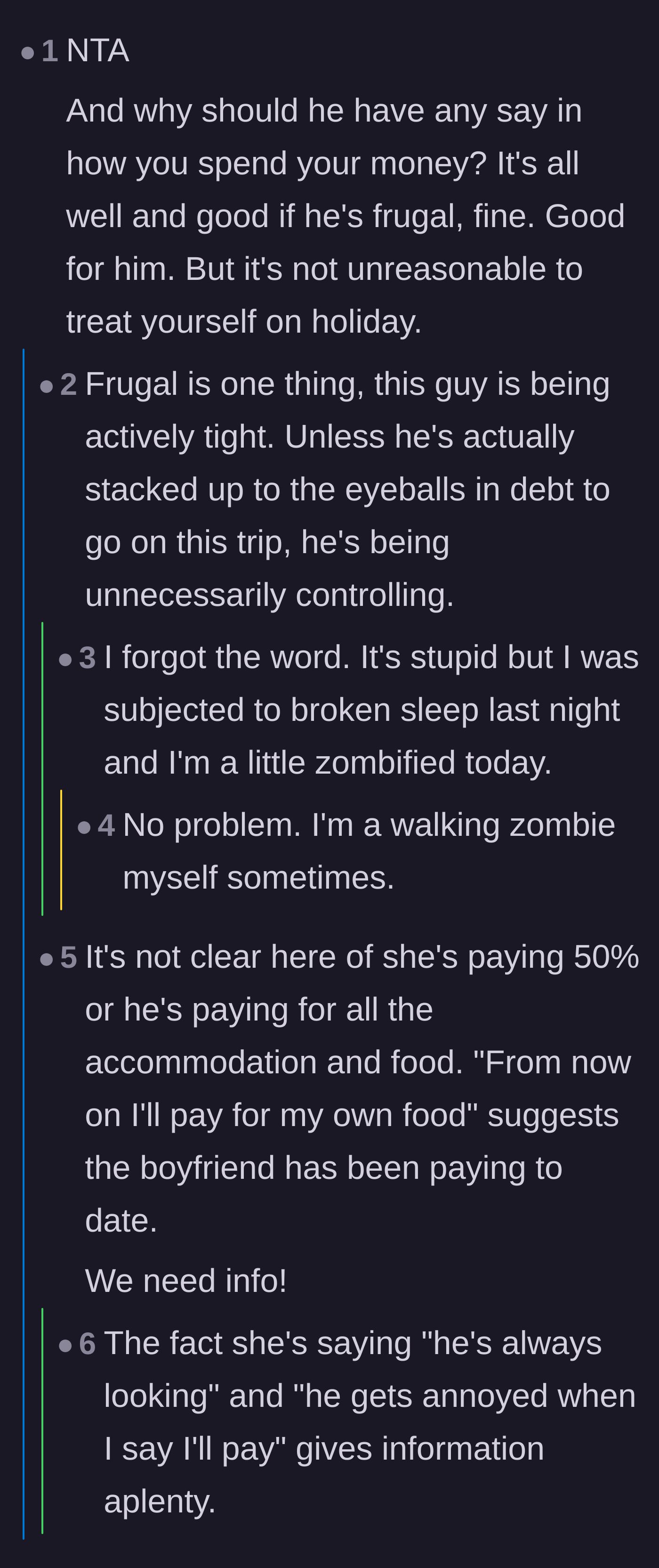 Comment thread differentiating between being reasonably frugal and unnecessarily controlling.