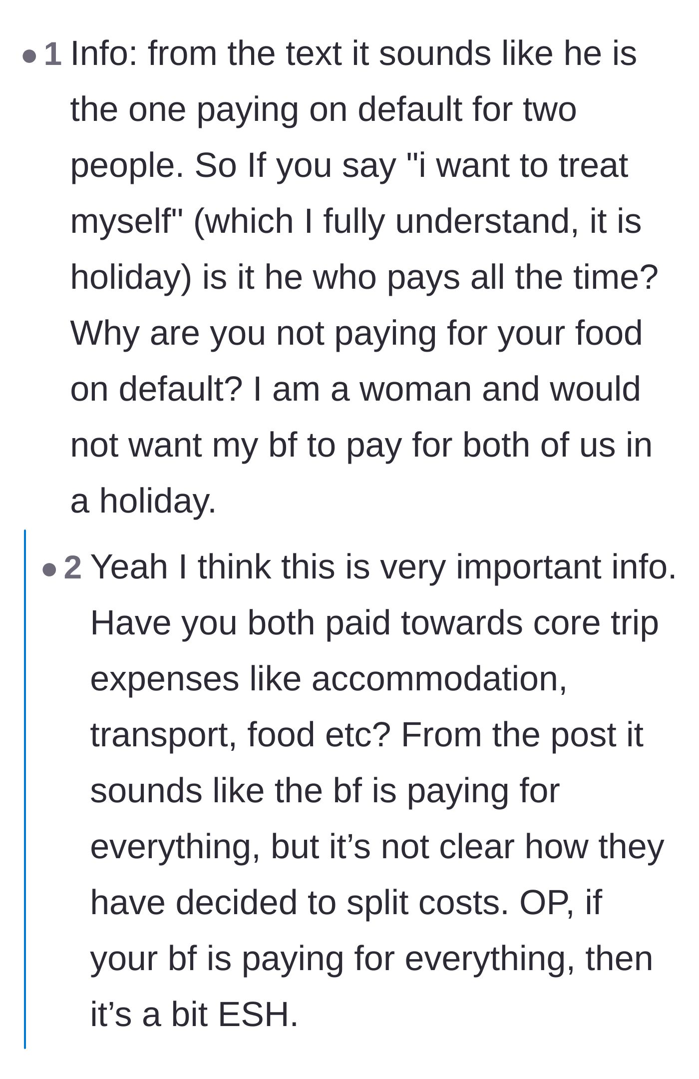 Comment thread questioning the financial arrangement and asking if the boyfriend was paying for everything.