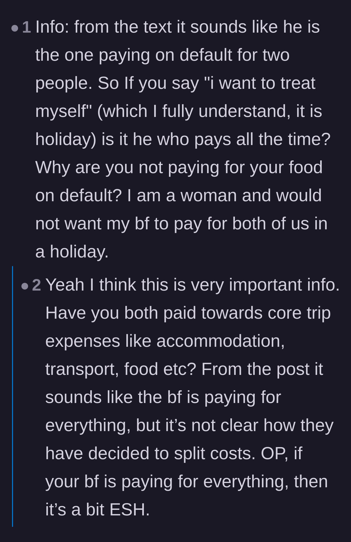 Comment thread questioning the financial arrangement and asking if the boyfriend was paying for everything.