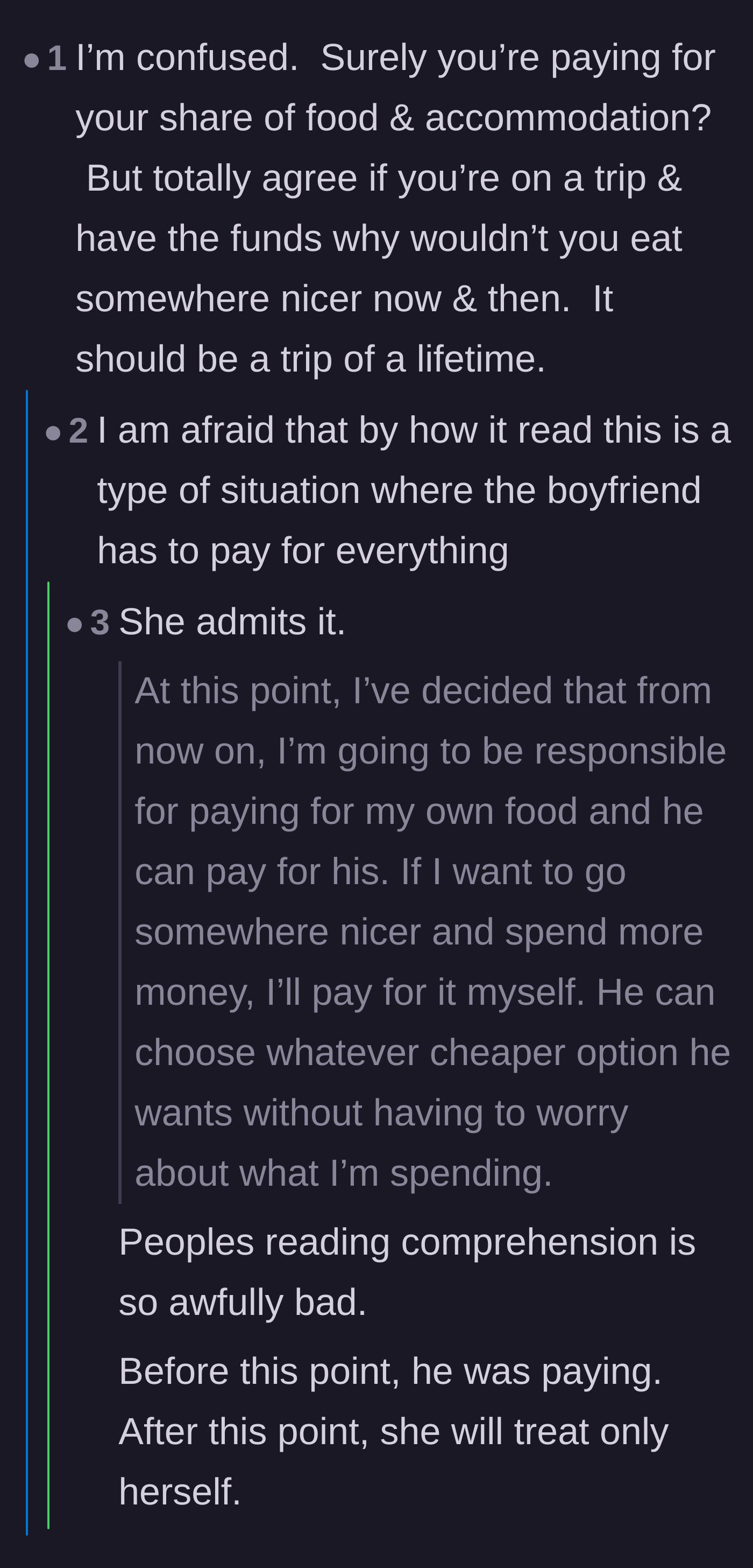 Comment thread analyzing the author's phrasing to figure out if she was previously relying on her boyfriend to pay.