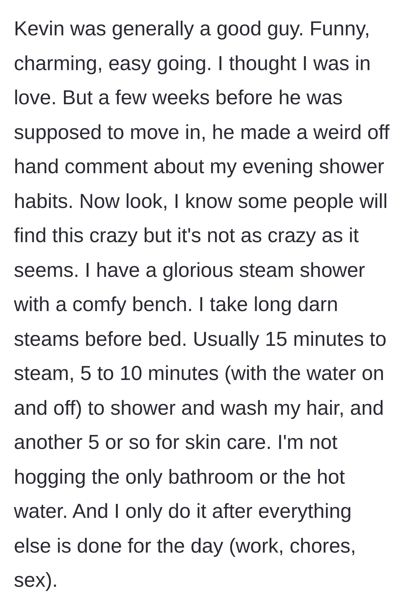Story part 2 - Woman details her innocent 30-to-40-minute evening steam shower and skincare routine that her boyfriend suddenly criticized.