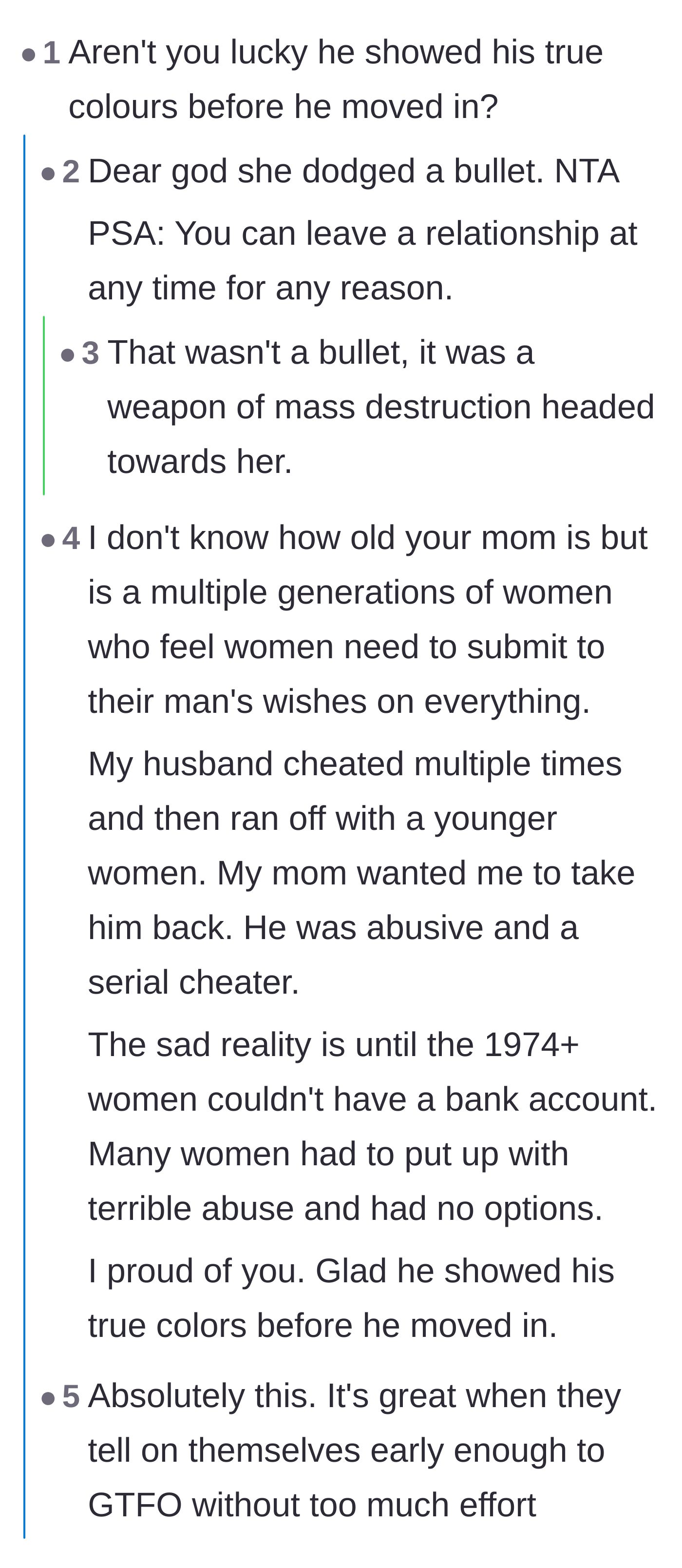 Comment thread 1 - Discussion about the boyfriend showing his true colors before moving in and generational differences in women's independence.