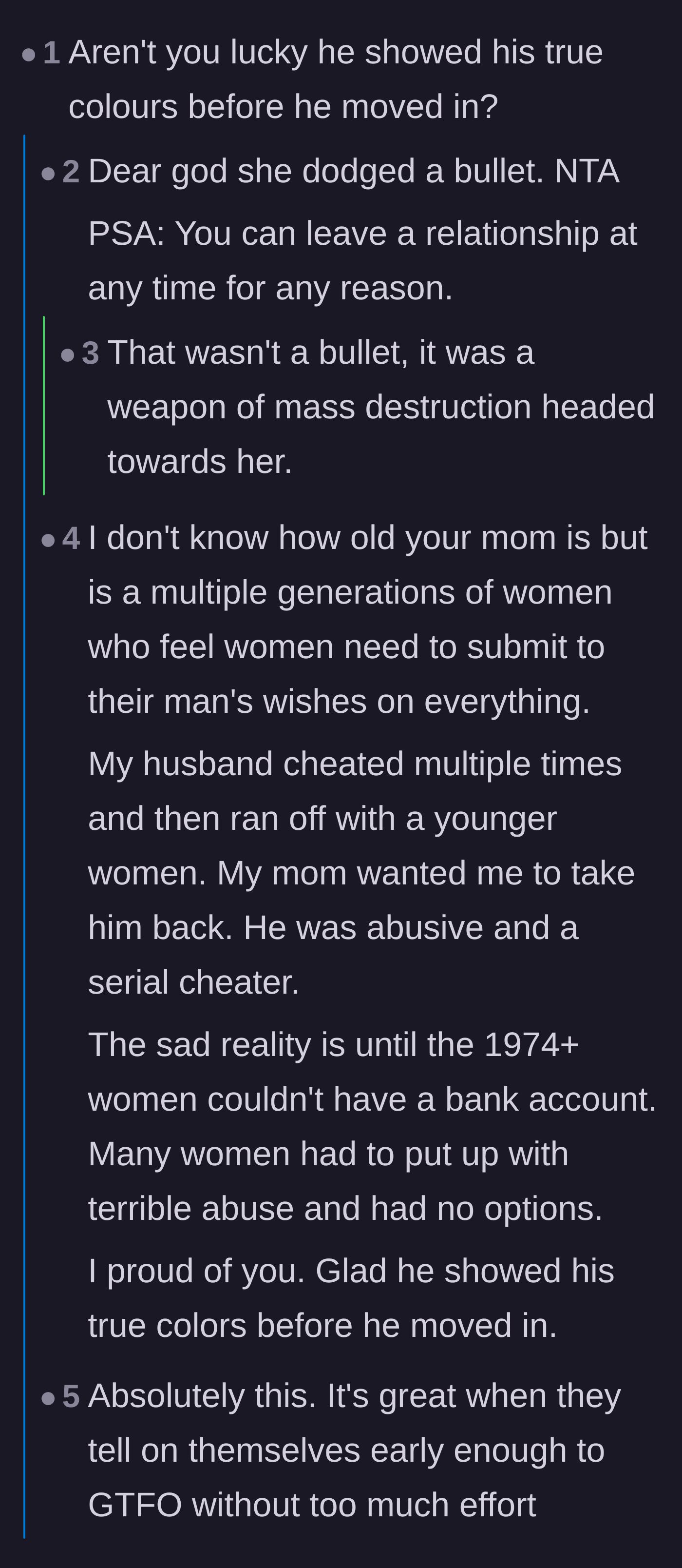 Comment thread 1 - Discussion about the boyfriend showing his true colors before moving in and generational differences in women's independence.