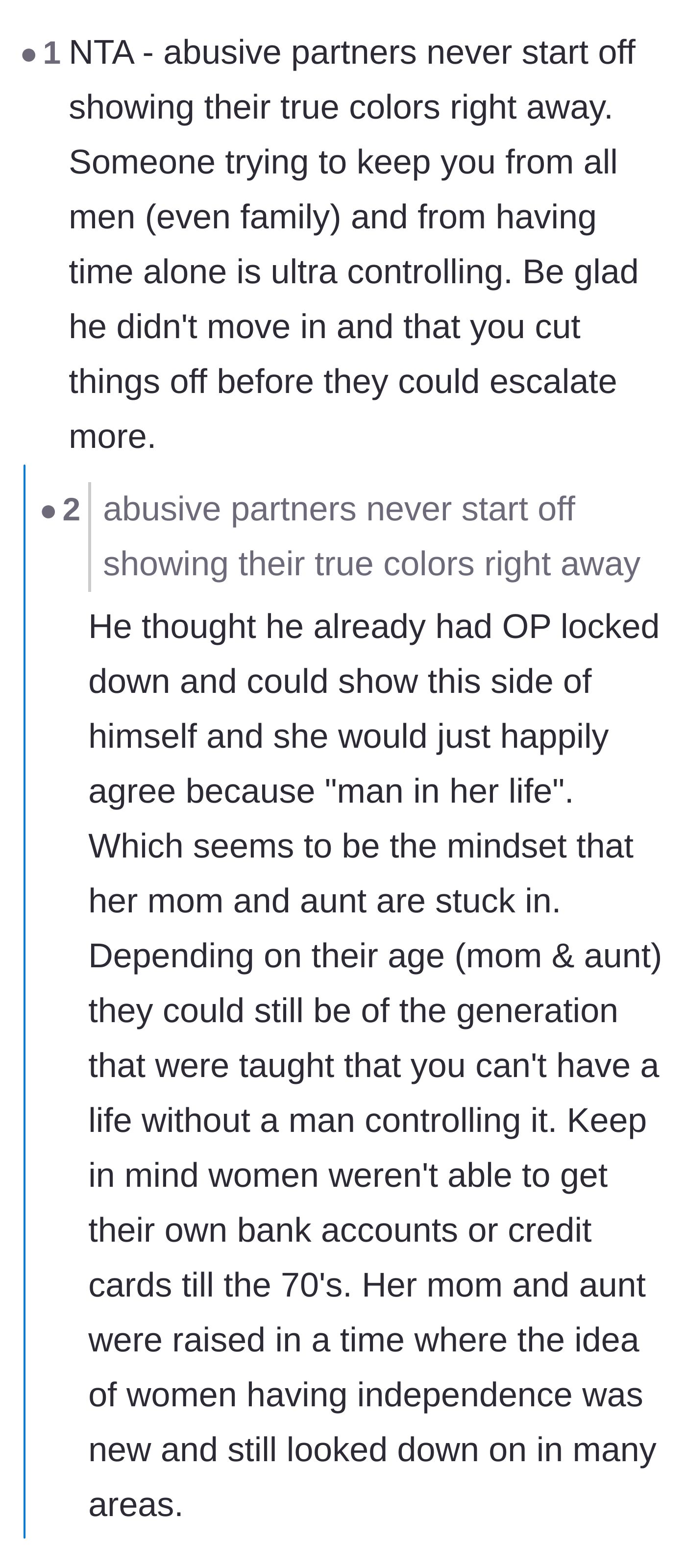Comment thread 3 - Analysis of how controlling partners wait until major relationship milestones to escalate their abusive behavior.