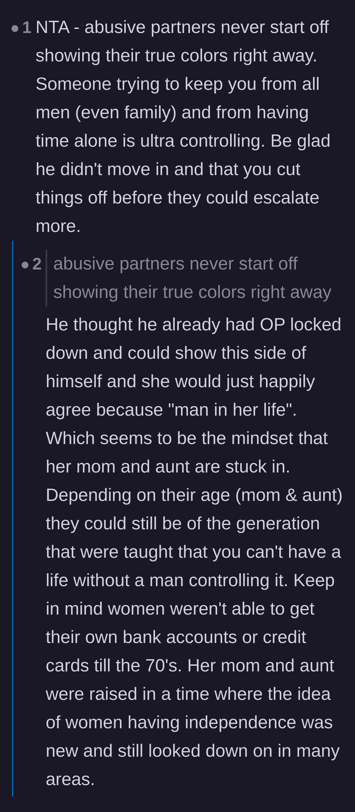 Comment thread 3 - Analysis of how controlling partners wait until major relationship milestones to escalate their abusive behavior.