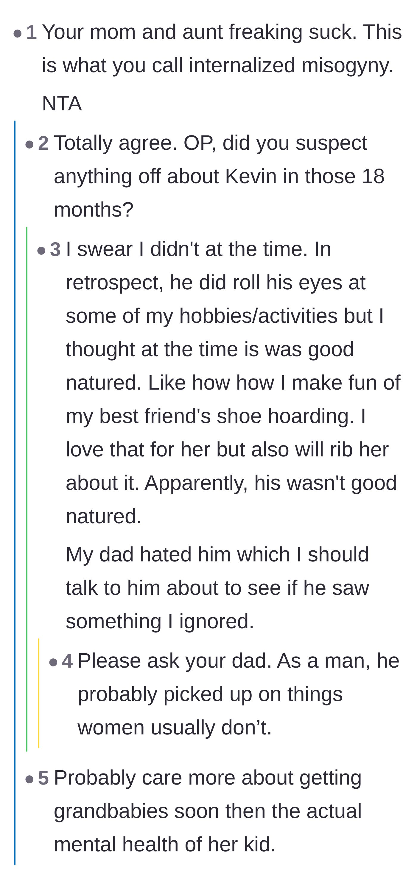 Comment thread 4 - Calling out the family's internalized misogyny and the revelation that the main character's dad always hated the ex.