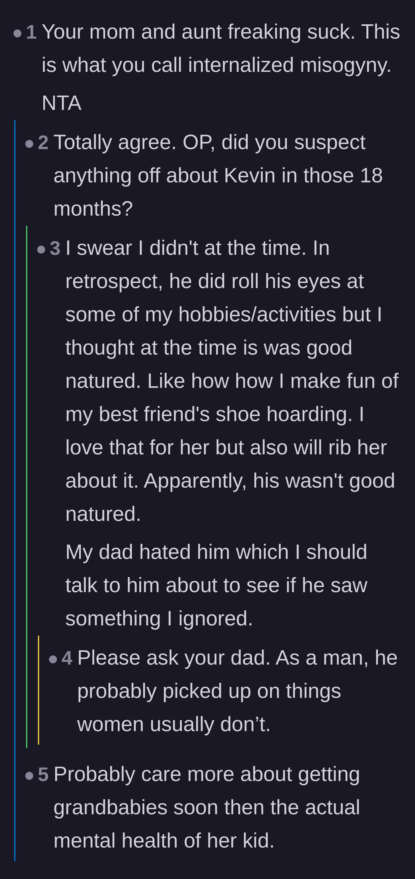 Comment thread 4 - Calling out the family's internalized misogyny and the revelation that the main character's dad always hated the ex.