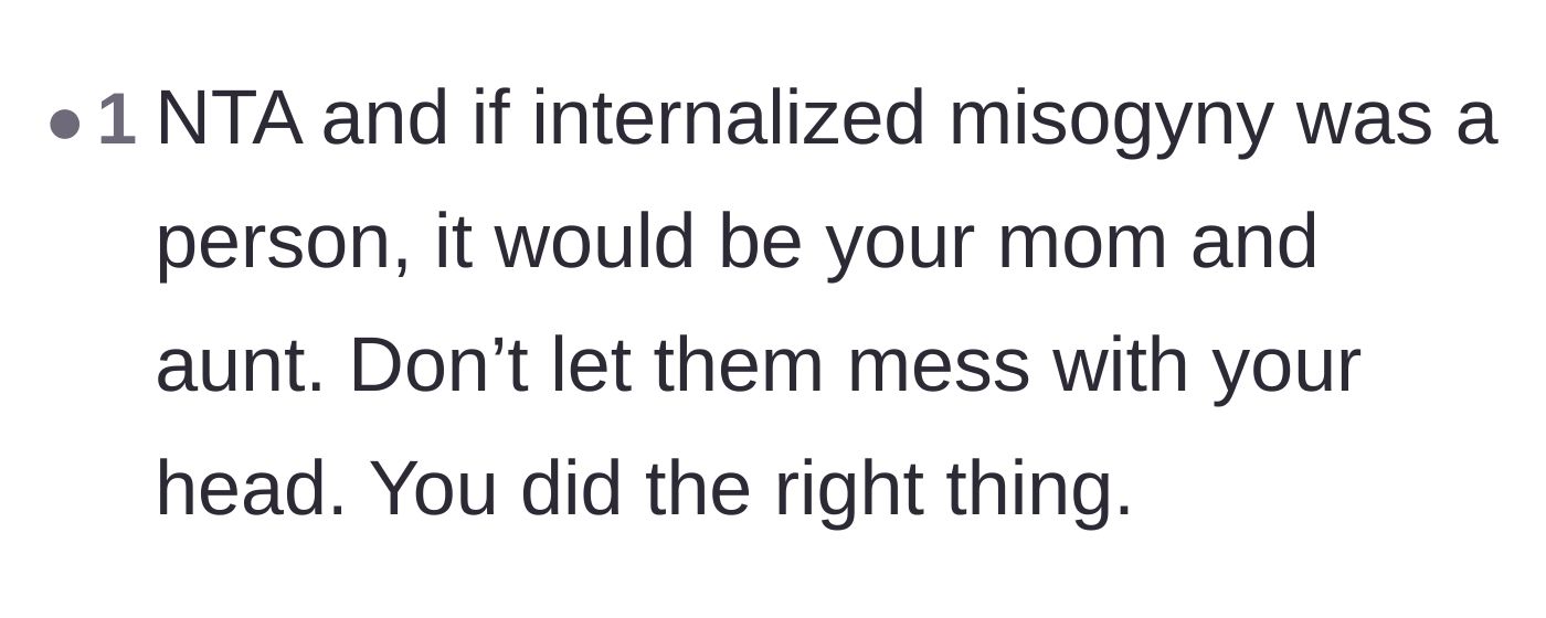Comment thread 5 - Short comment naming the mother and aunt as the human embodiment of internalized misogyny.