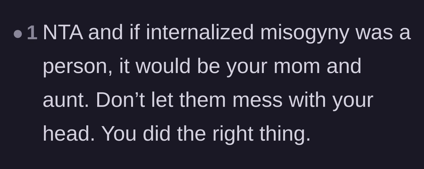 Comment thread 5 - Short comment naming the mother and aunt as the human embodiment of internalized misogyny.