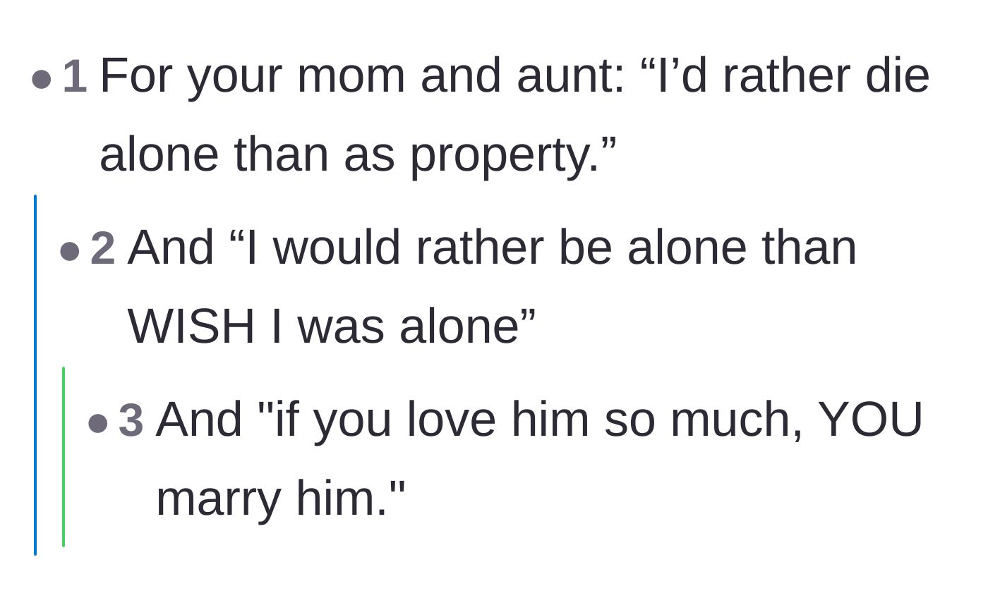 Comment thread 6 - Suggested comebacks for the family, emphasizing preferring to be alone than treated as property.