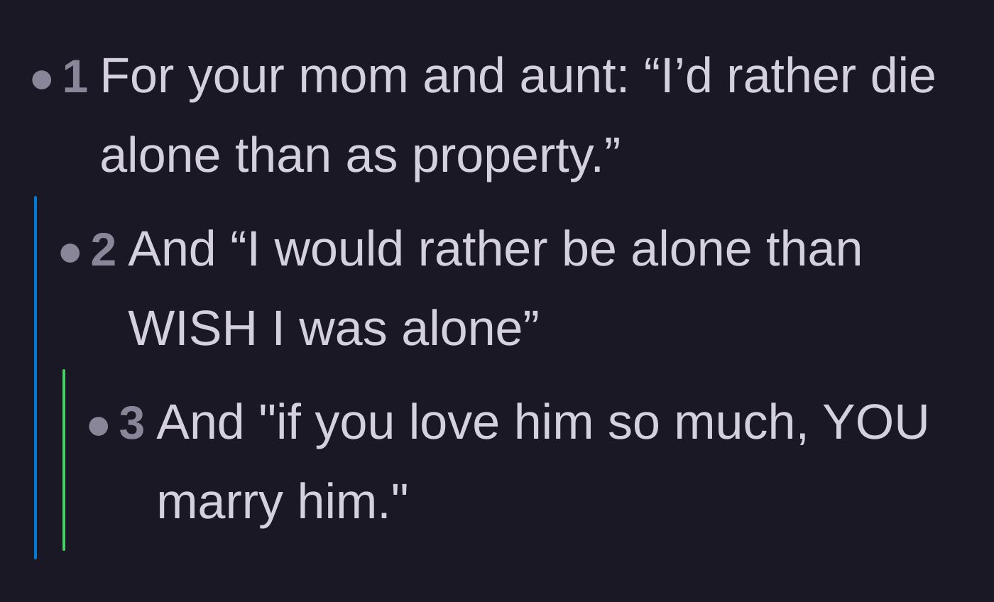 Comment thread 6 - Suggested comebacks for the family, emphasizing preferring to be alone than treated as property.