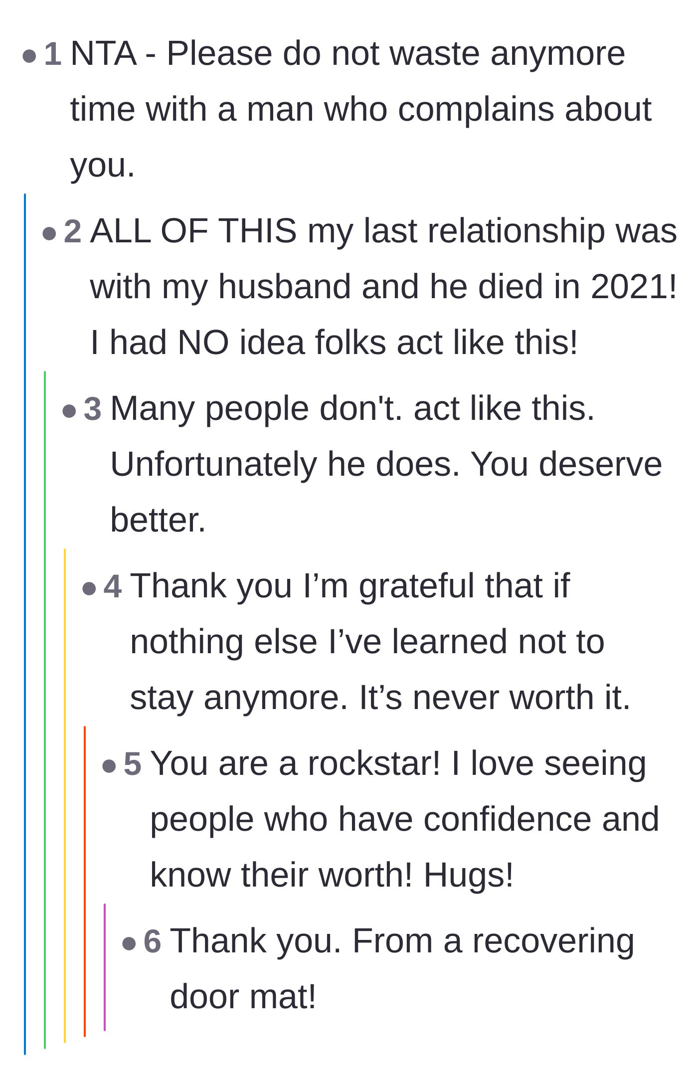 Comment thread 1 - Readers encouraging the woman to know her worth and leave a partner who complains about supporting her.