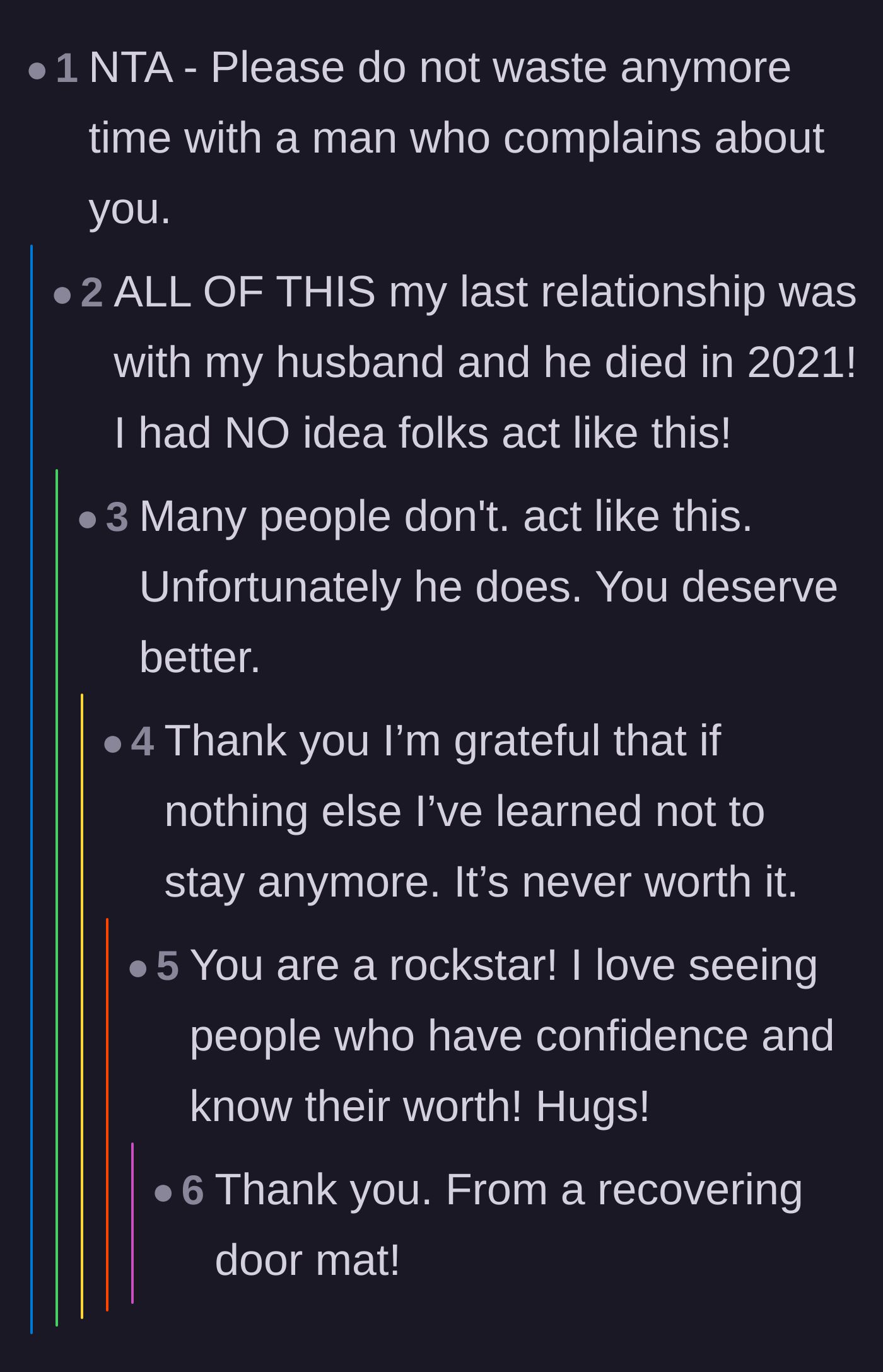 Comment thread 1 - Readers encouraging the woman to know her worth and leave a partner who complains about supporting her.