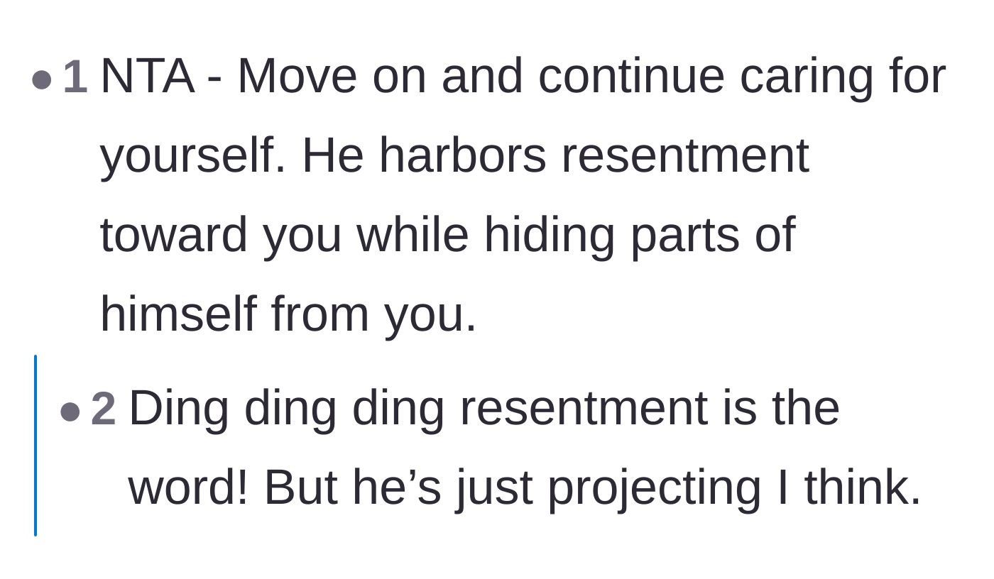 Comment thread 3 - An analysis identifying the boyfriend's behavior as deep-seated resentment and projection.