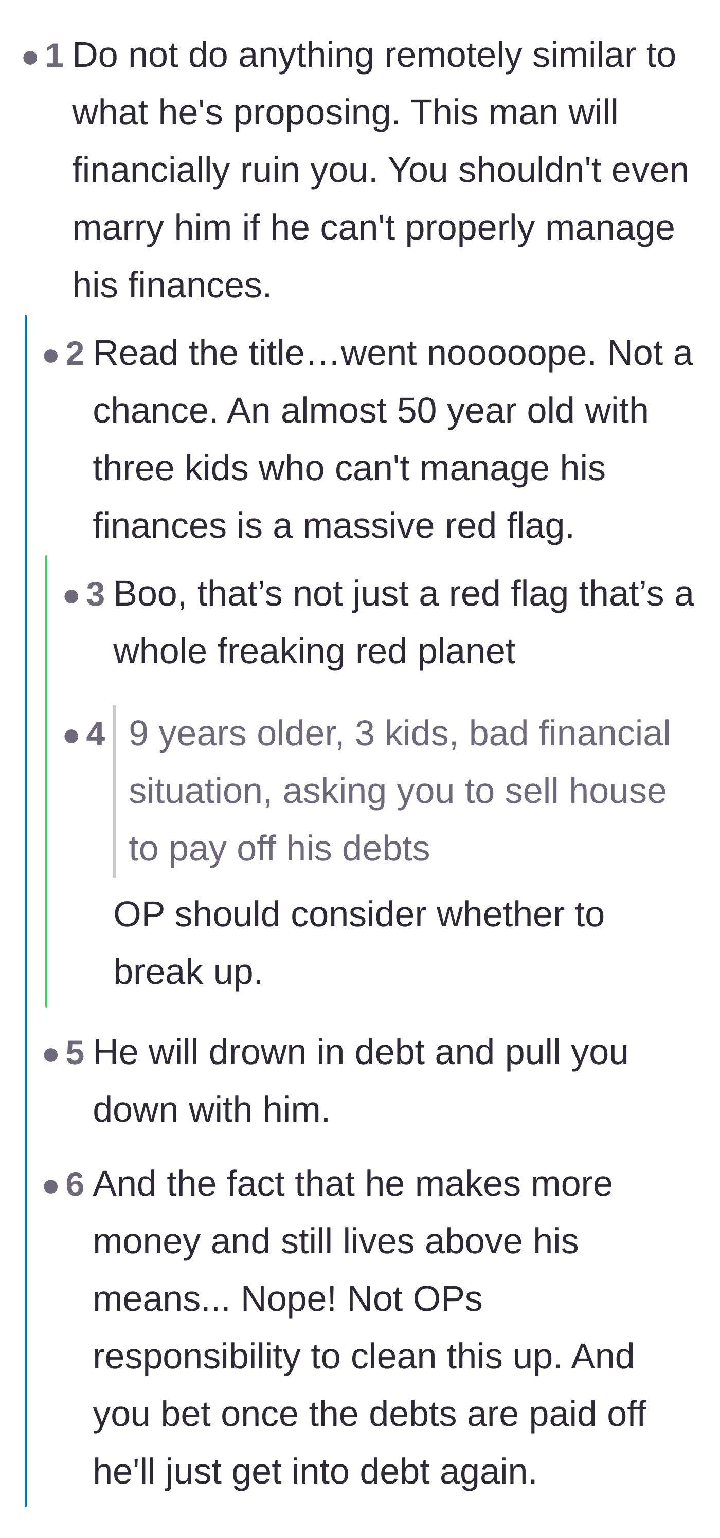 Comment thread 1 - Readers pointing out that an older man with massive debt is a walking red flag who will inevitably accumulate more debt after a bailout.