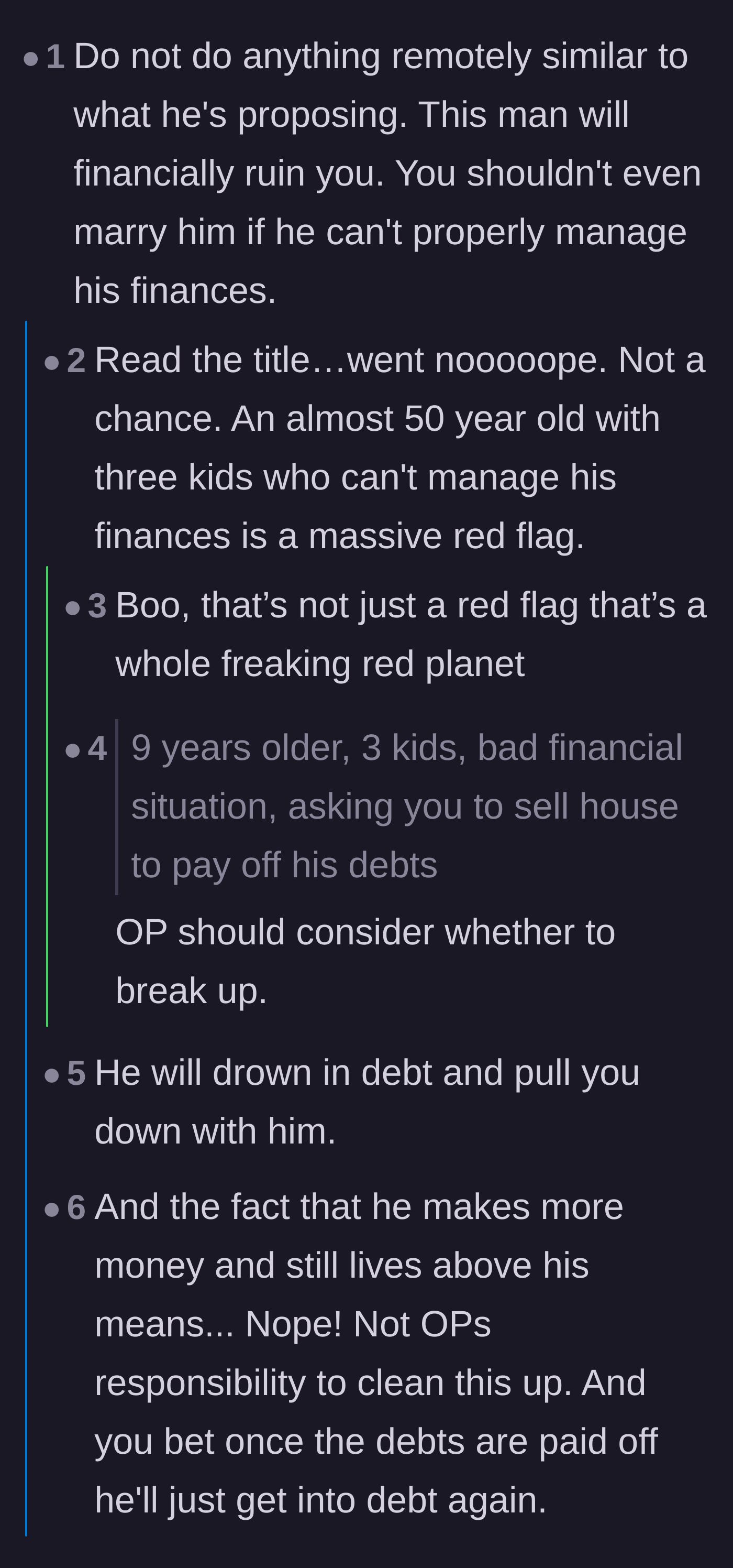 Comment thread 1 - Readers pointing out that an older man with massive debt is a walking red flag who will inevitably accumulate more debt after a bailout.