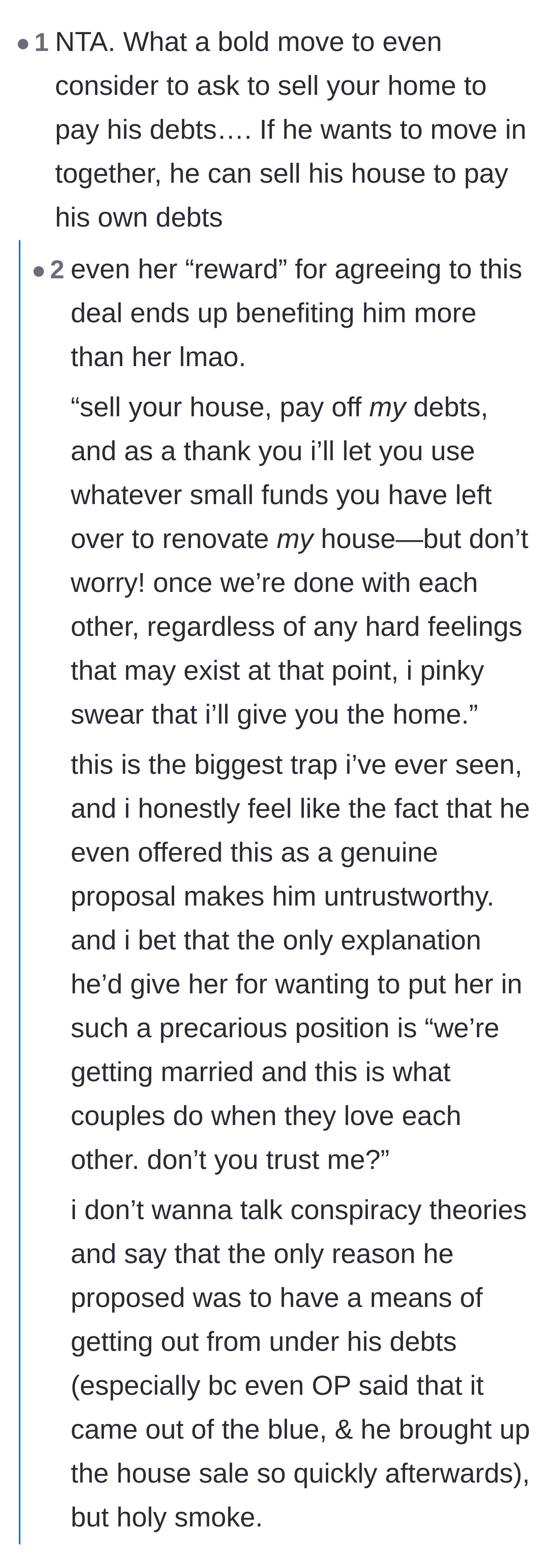 Comment thread 2 - Commenters dissecting the hilariously one-sided 'perks' of the boyfriend's offer and his ulterior motives for rushing the relationship.
