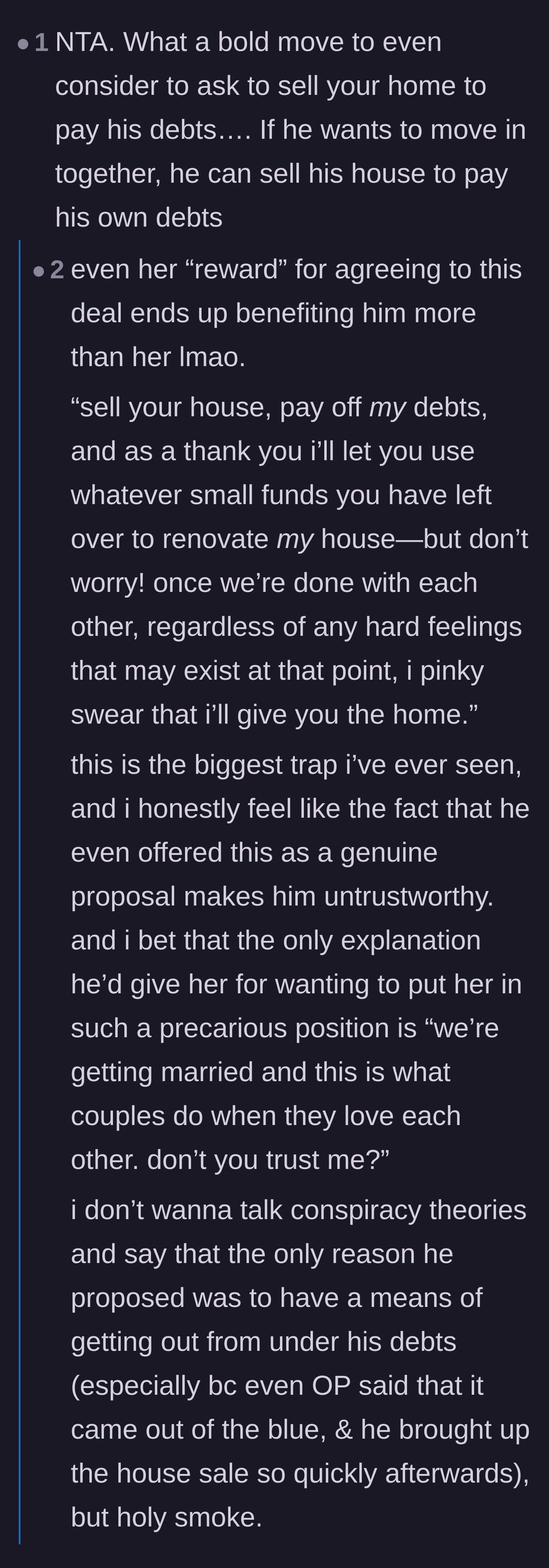 Comment thread 2 - Commenters dissecting the hilariously one-sided 'perks' of the boyfriend's offer and his ulterior motives for rushing the relationship.