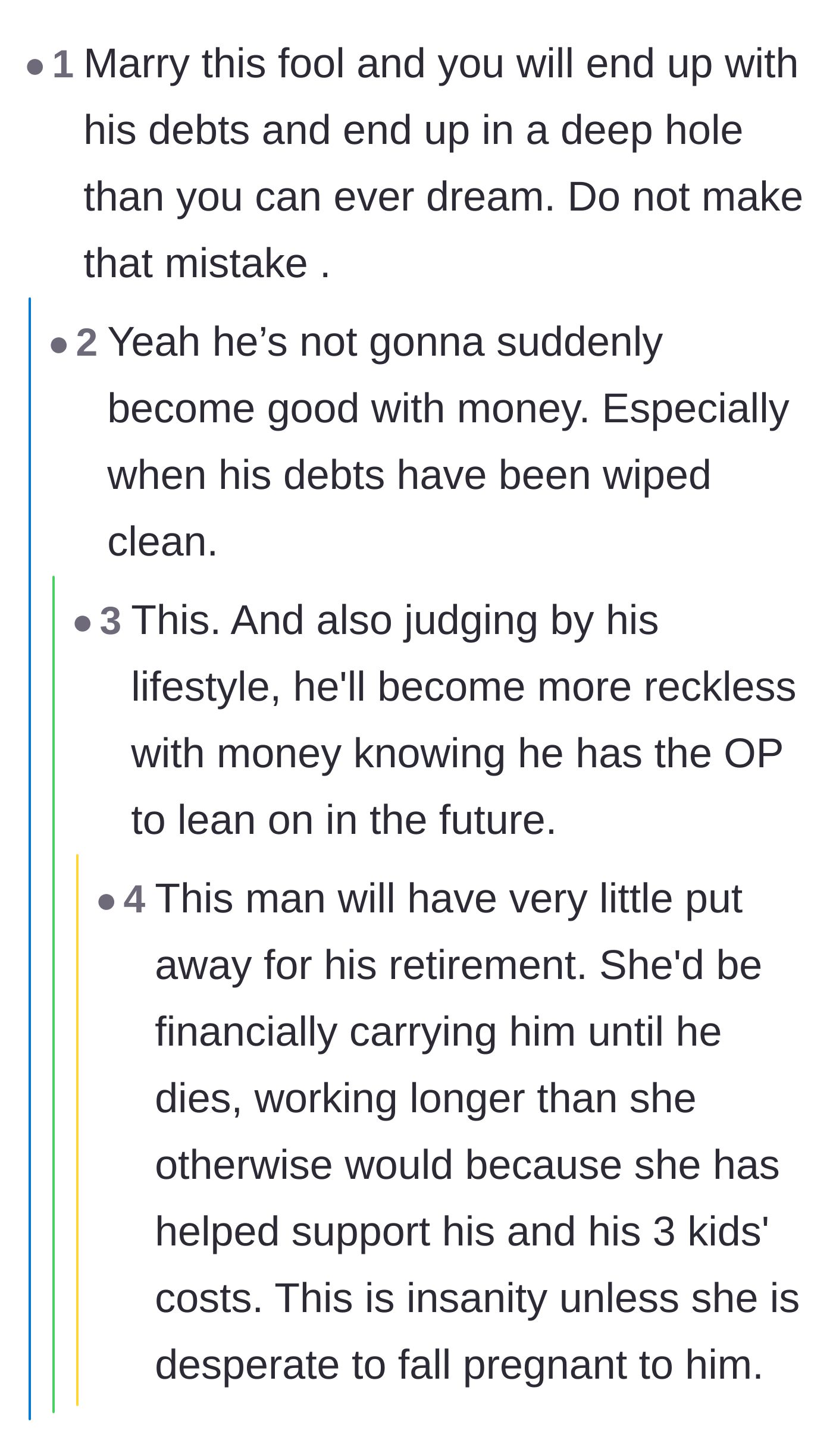Comment thread 3 - A blunt warning from readers about the long-term reality of marrying into irreversible debt.