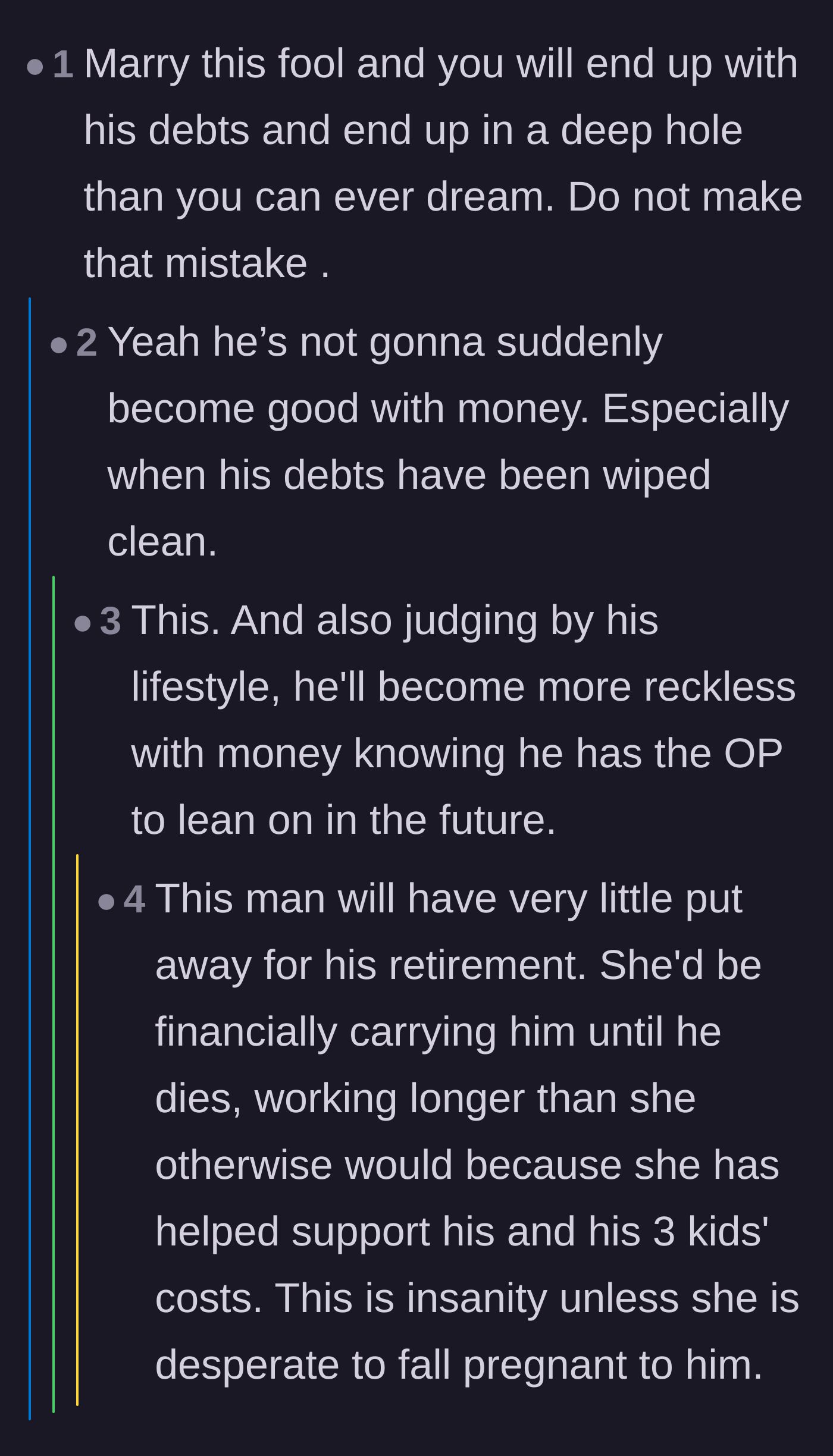Comment thread 3 - A blunt warning from readers about the long-term reality of marrying into irreversible debt.