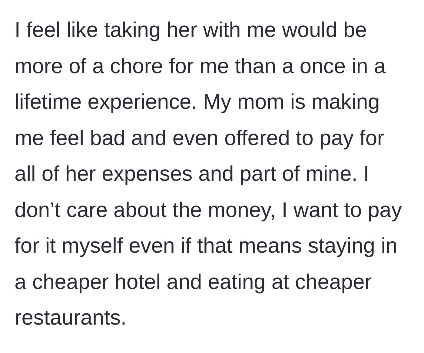 Story part 3 - Mother attempts to financially coerce the student by offering to pay expenses, but the student refuses, prioritizing their independence.