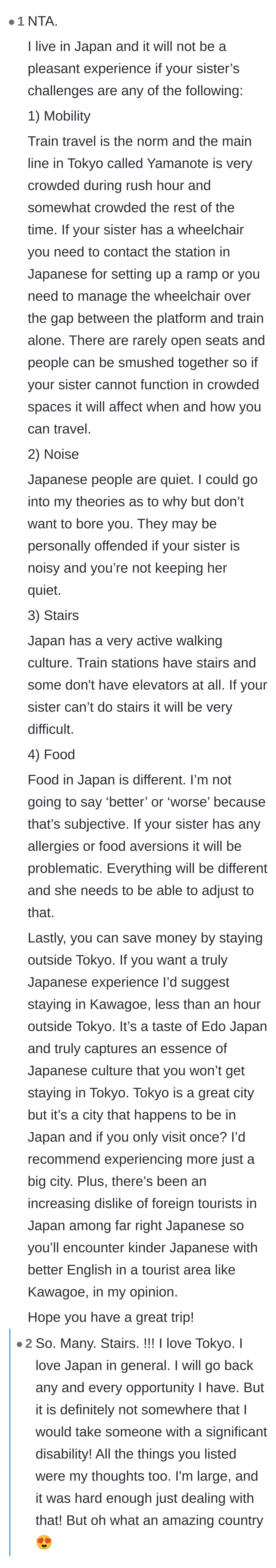 Comment thread 4 - A local Japan resident provides a detailed breakdown of why Tokyo's infrastructure and cultural norms are highly inaccessible for disabled travelers.