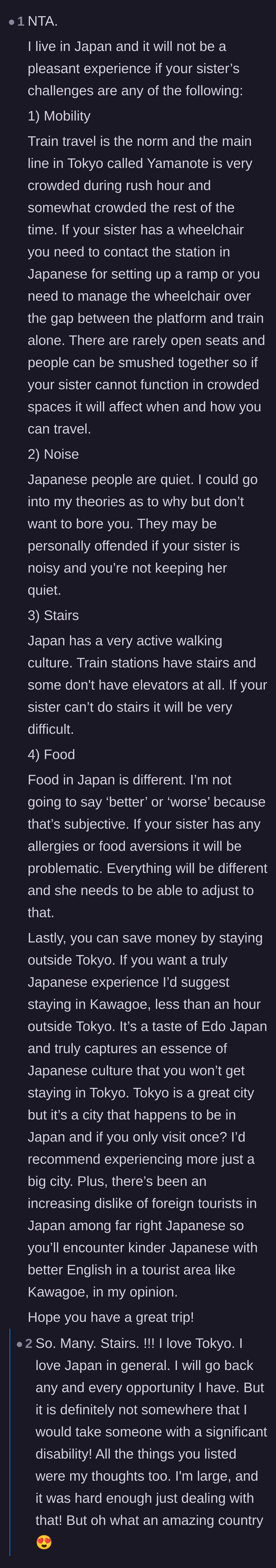 Comment thread 4 - A local Japan resident provides a detailed breakdown of why Tokyo's infrastructure and cultural norms are highly inaccessible for disabled travelers.
