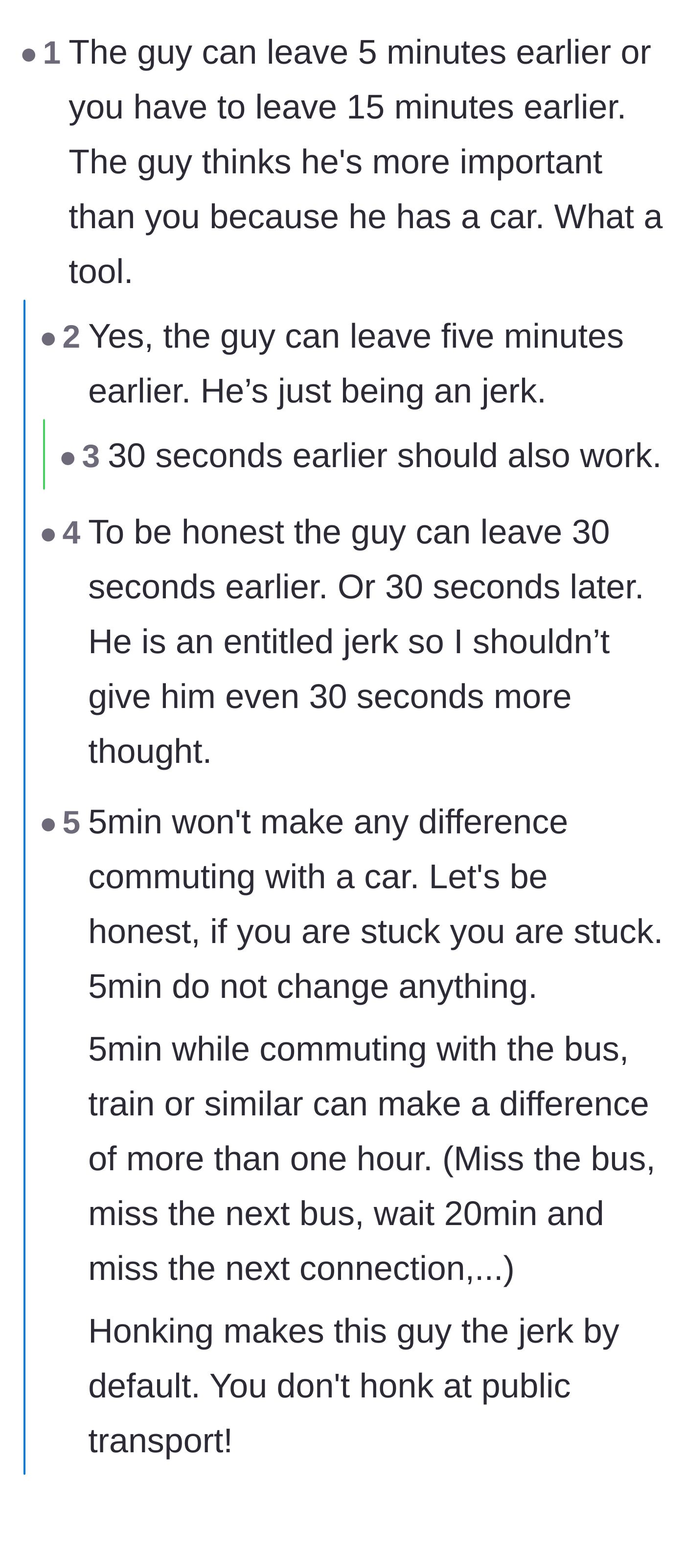 Comment thread 1 - Readers debating how easily the driver could change his own schedule by thirty seconds rather than demanding the bus rider change theirs.