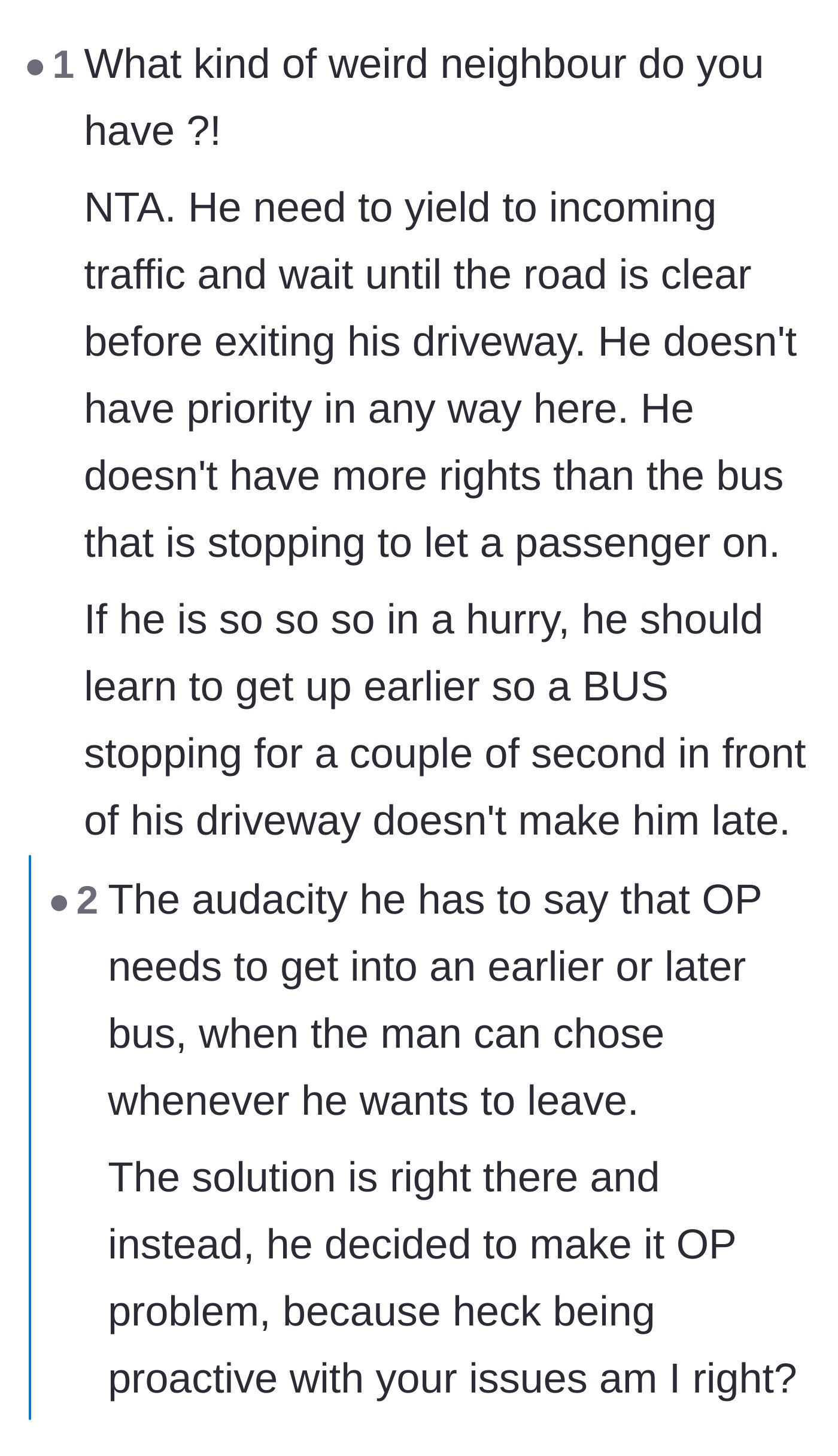 Comment thread 3 - Discussion on traffic laws and the neighbor's lack of right-of-way over a city bus.
