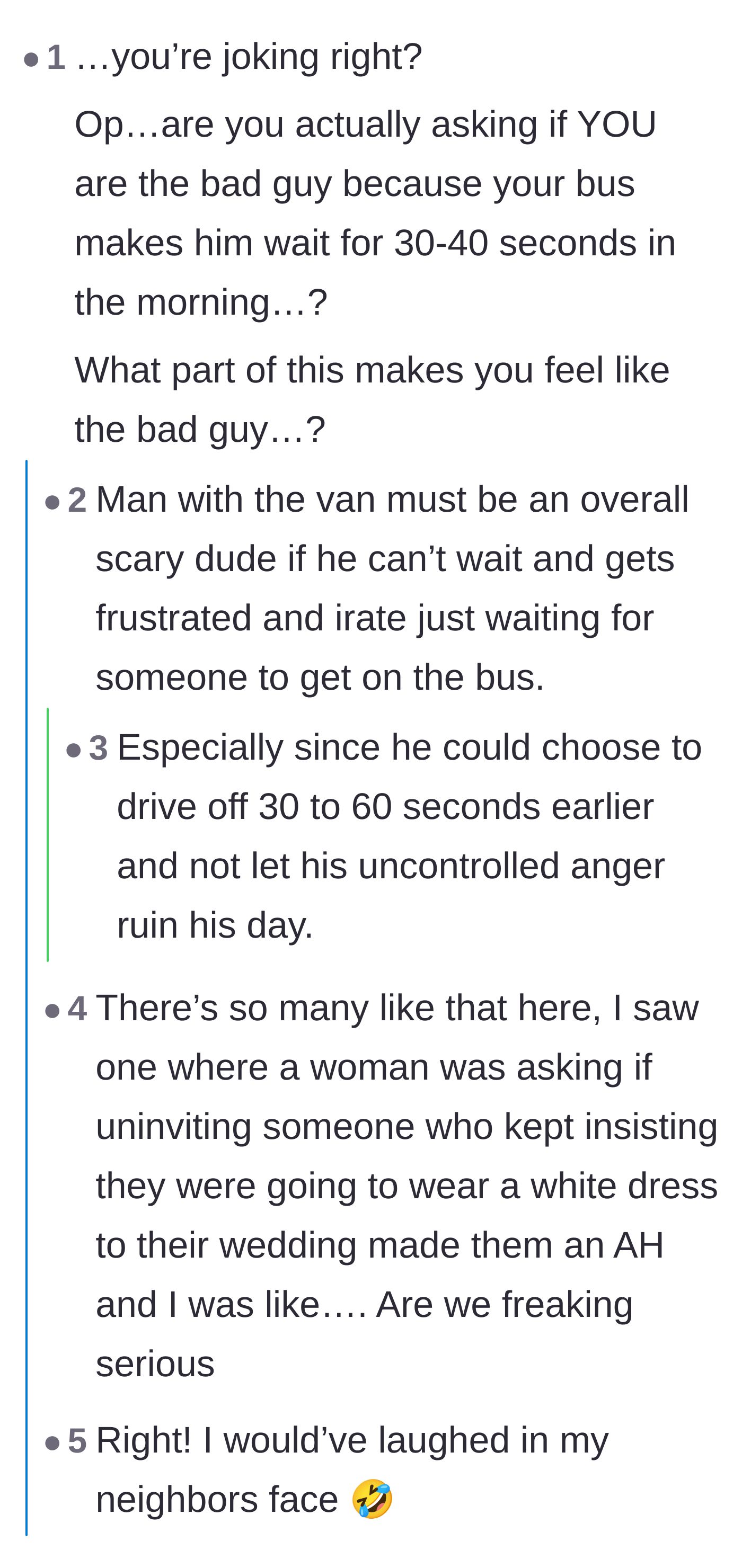 Comment thread 4 - Readers expressing sheer disbelief that the main character even felt guilty about taking their normal bus.