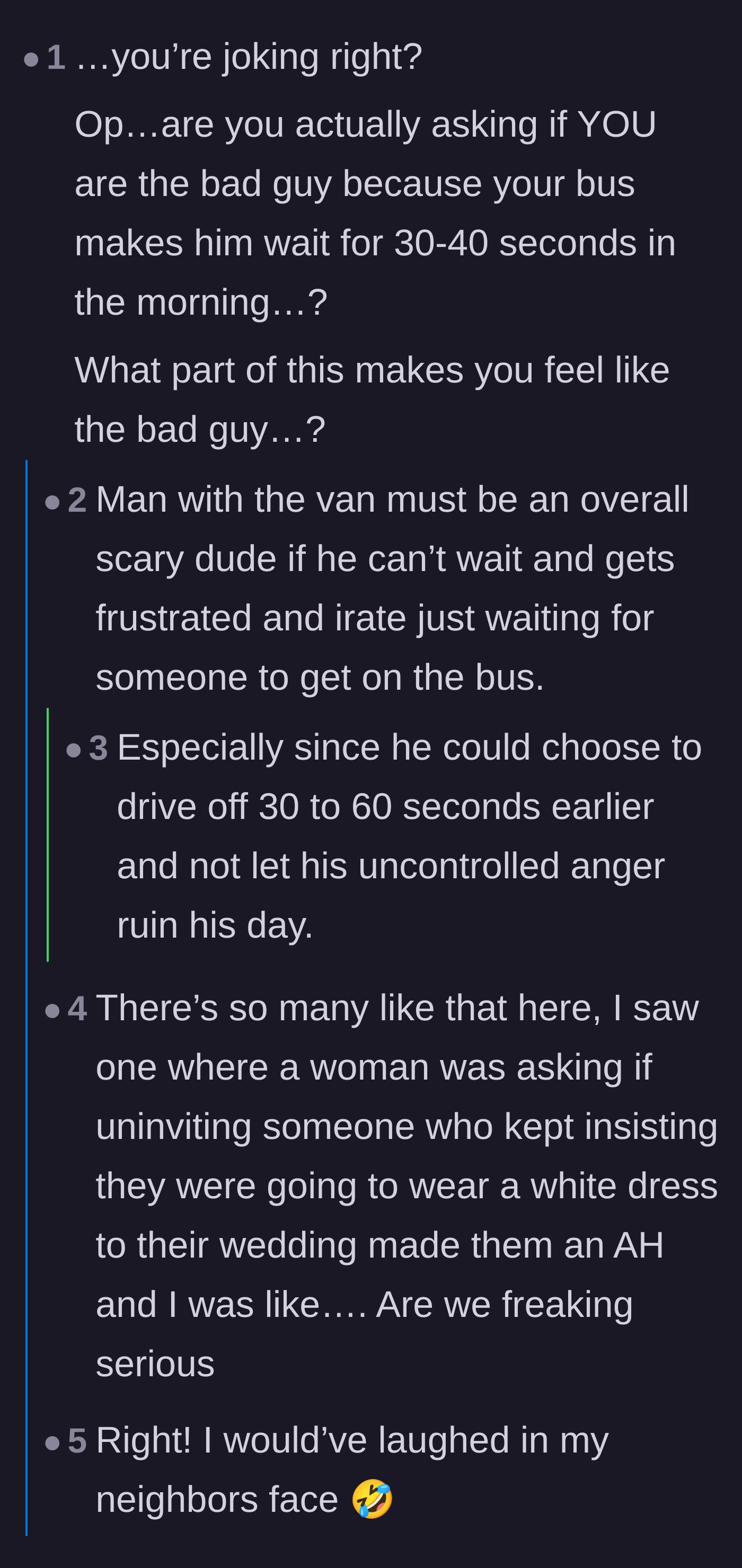 Comment thread 4 - Readers expressing sheer disbelief that the main character even felt guilty about taking their normal bus.
