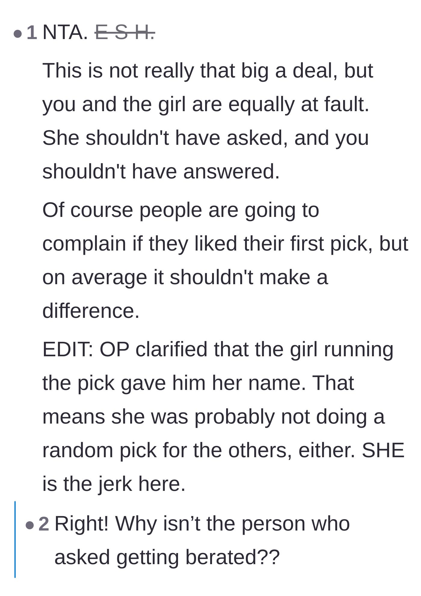 Comment thread 3 - Realizing the organizer rigged the game and questioning why the girl who asked the trap question wasn't blamed.