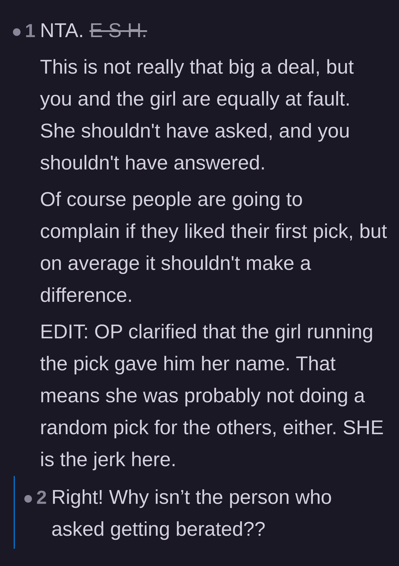 Comment thread 3 - Realizing the organizer rigged the game and questioning why the girl who asked the trap question wasn't blamed.