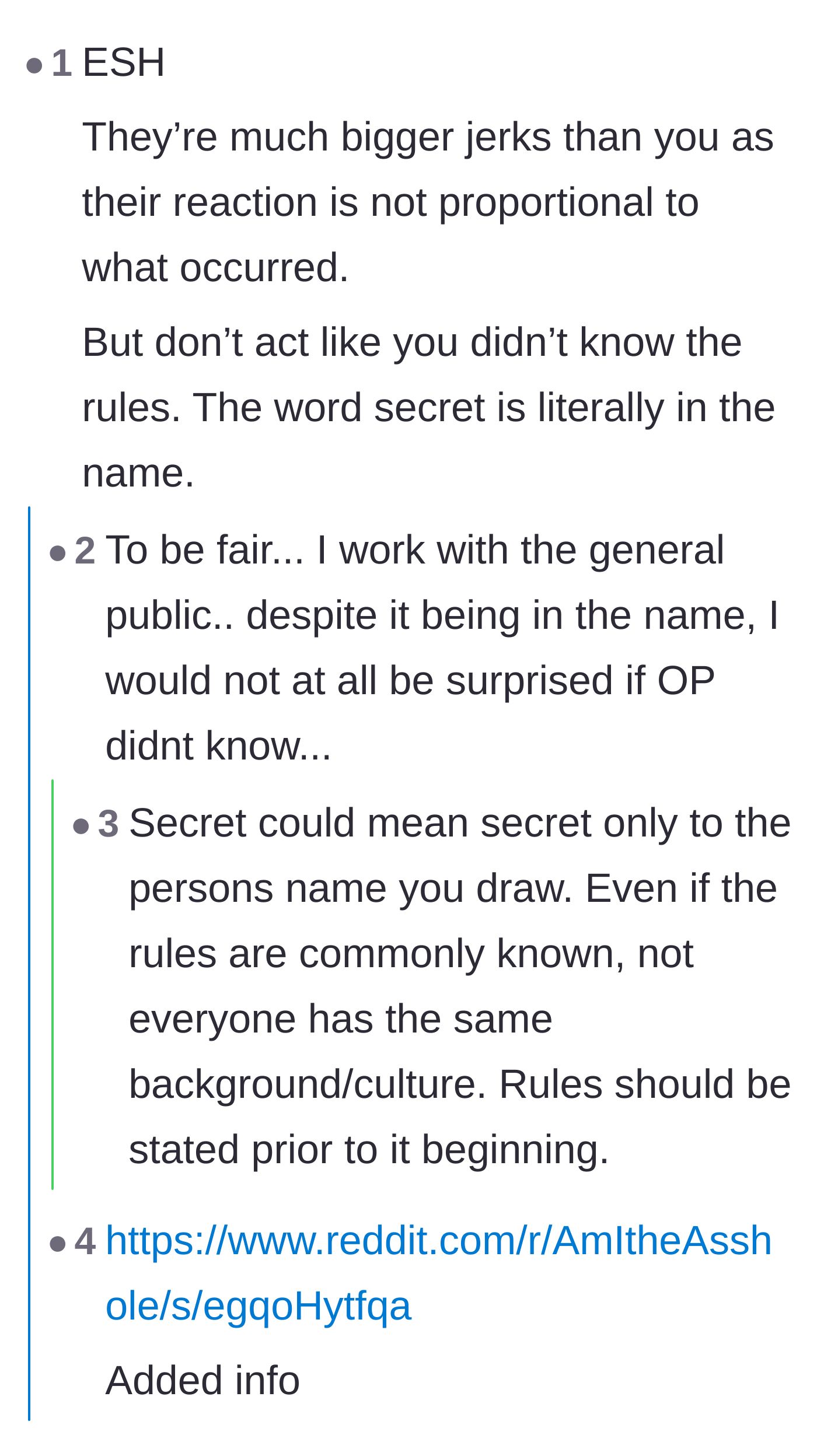 Comment thread 6 - Debating whether the mechanics of Secret Santa are common sense or culturally subjective to newcomers.