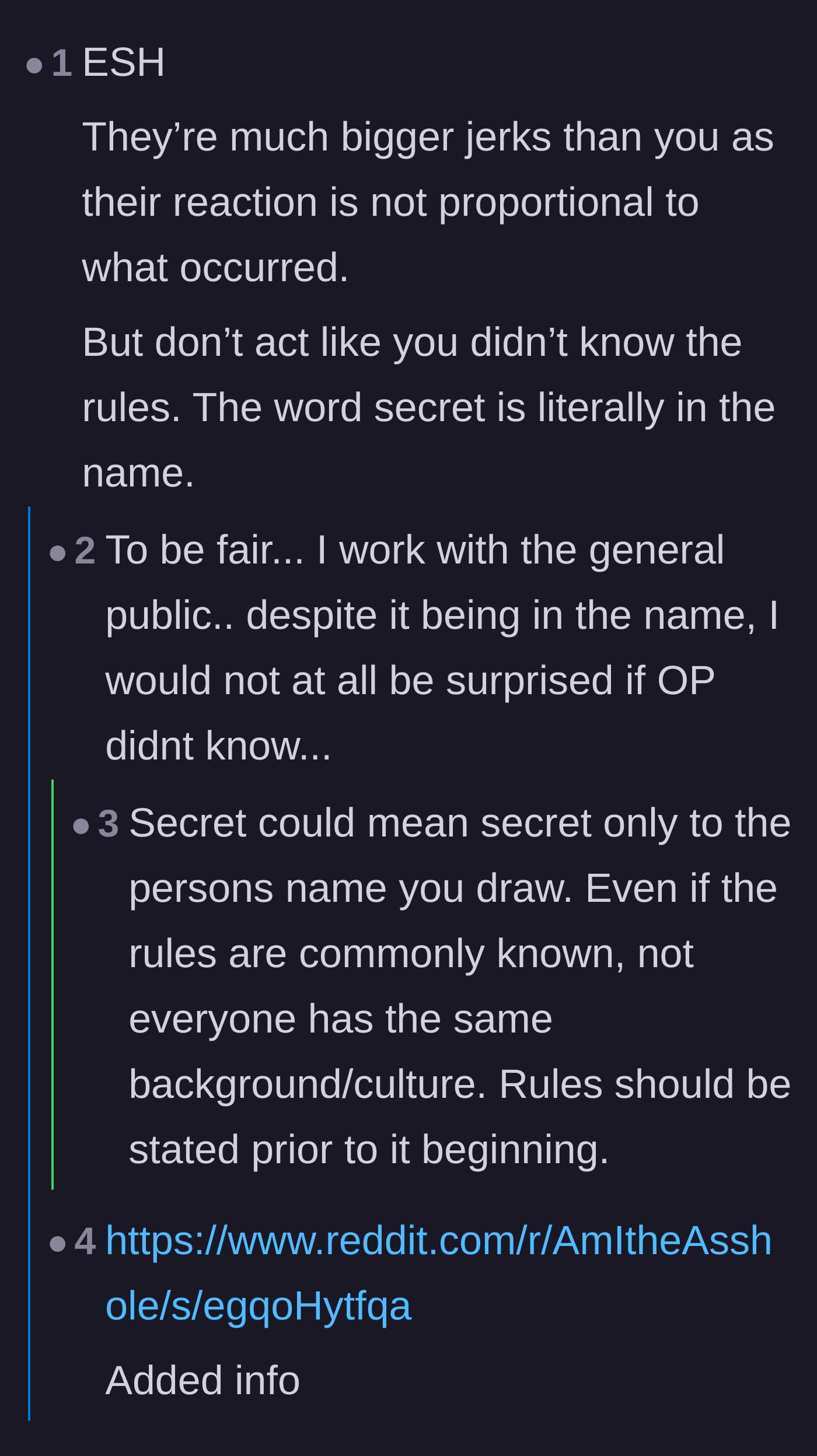 Comment thread 6 - Debating whether the mechanics of Secret Santa are common sense or culturally subjective to newcomers.