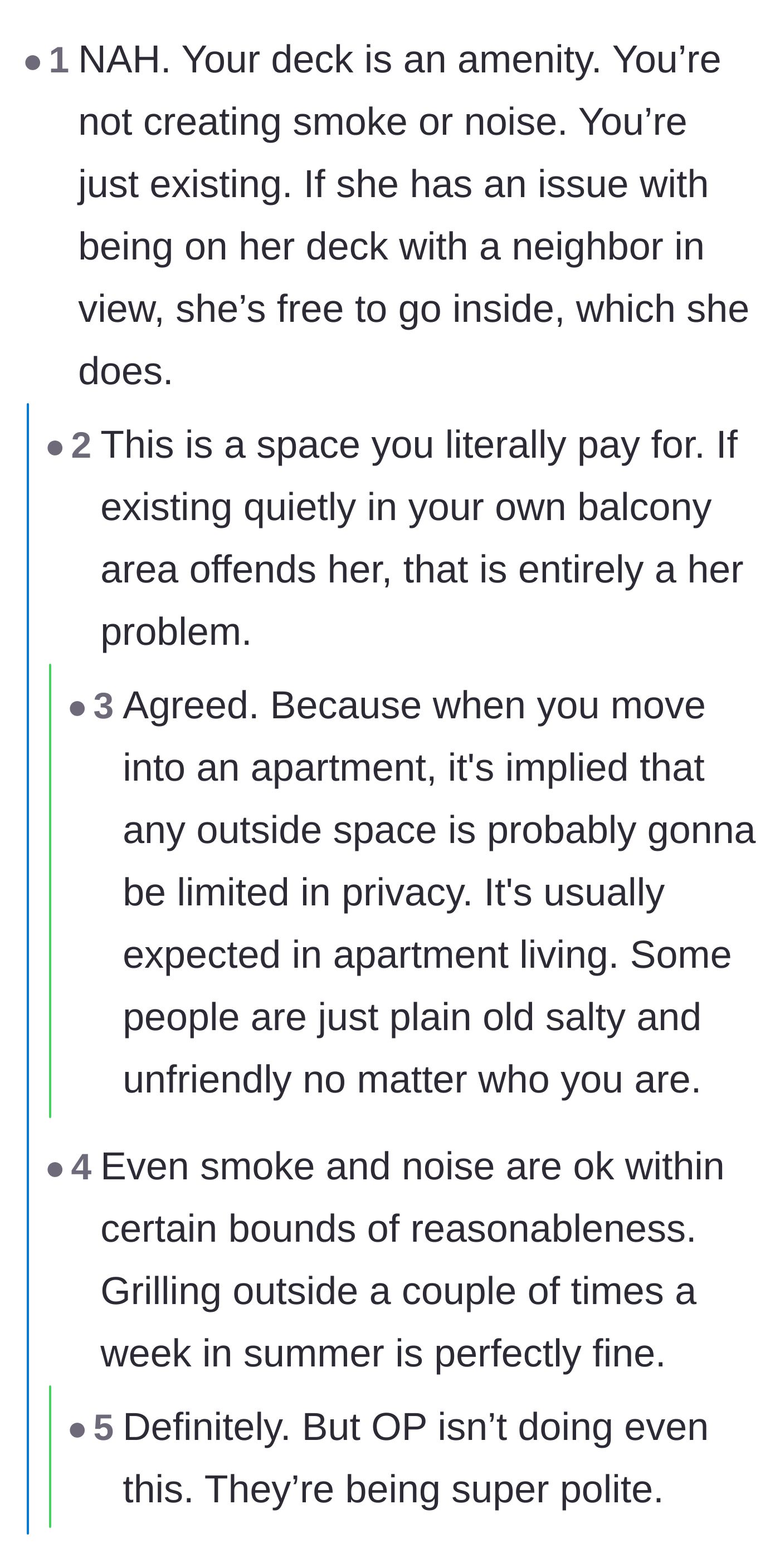 Comment thread 1 - Discussion about paying for apartment amenities and accepting the lack of outdoor privacy
