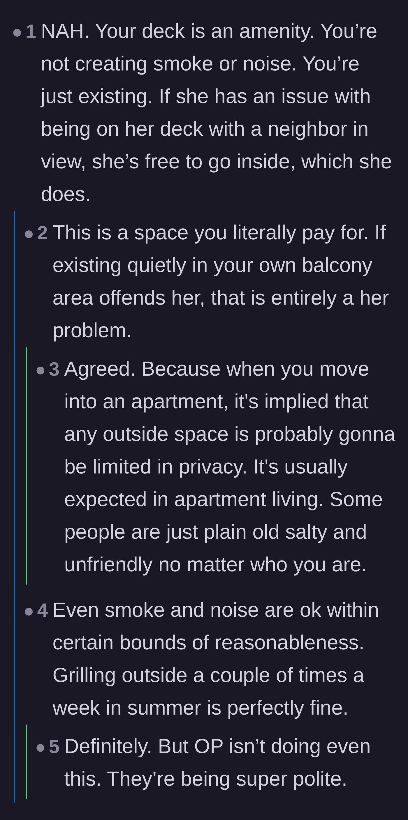Comment thread 1 - Discussion about paying for apartment amenities and accepting the lack of outdoor privacy